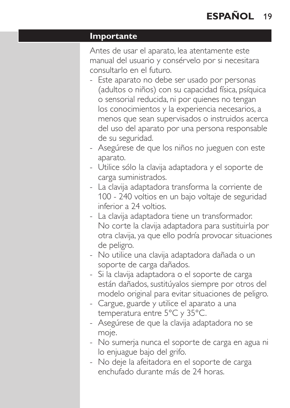 Importante | Philips Afeitadora NIVEA FOR MEN User Manual | Page 17 / 92