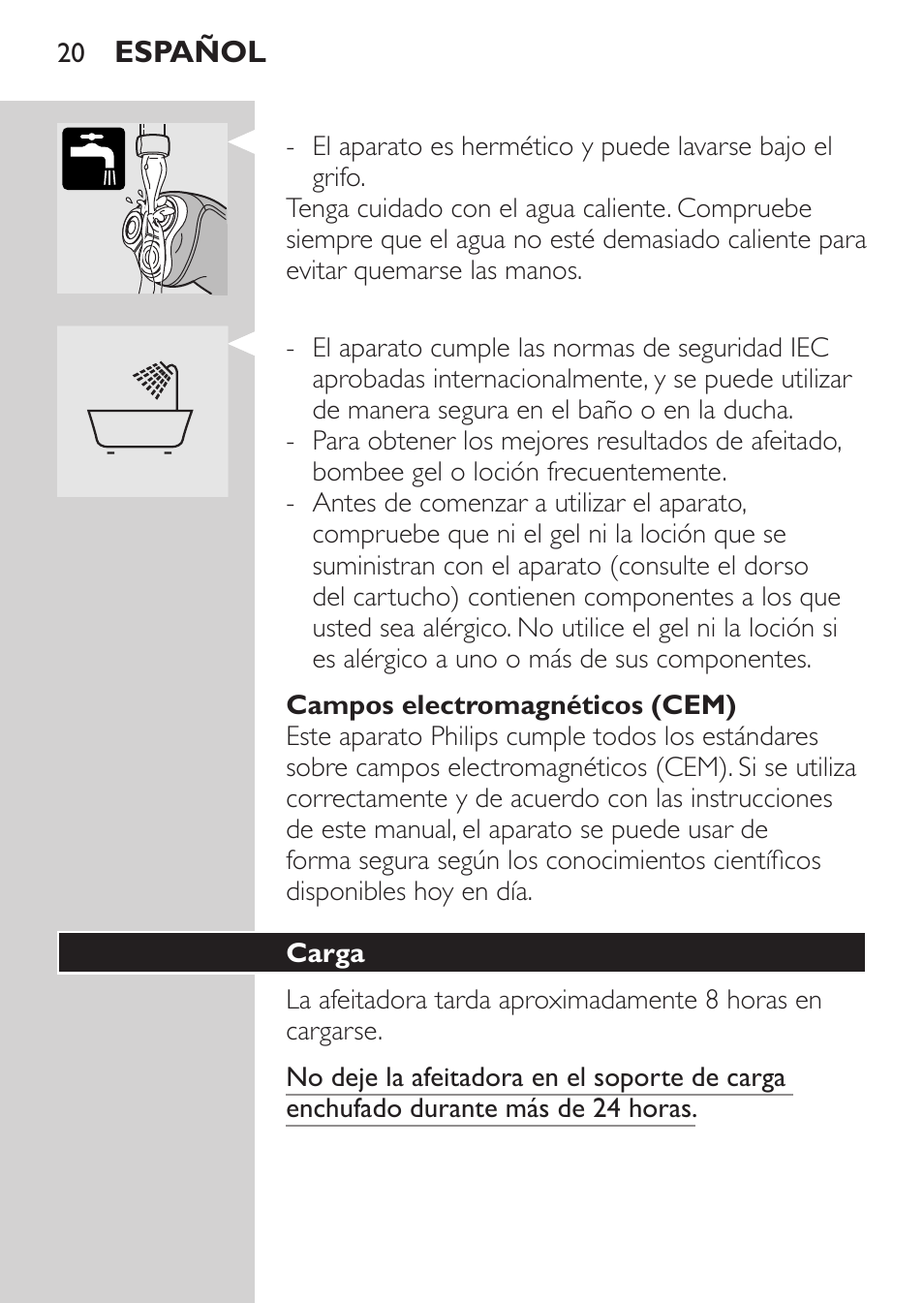 Campos electromagnéticos (cem), Carga | Philips Afeitadora NIVEA FOR MEN User Manual | Page 18 / 92