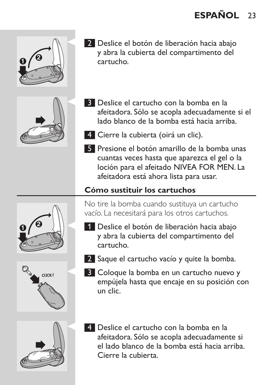 Cómo sustituir los cartuchos, Español | Philips Afeitadora NIVEA FOR MEN User Manual | Page 21 / 92