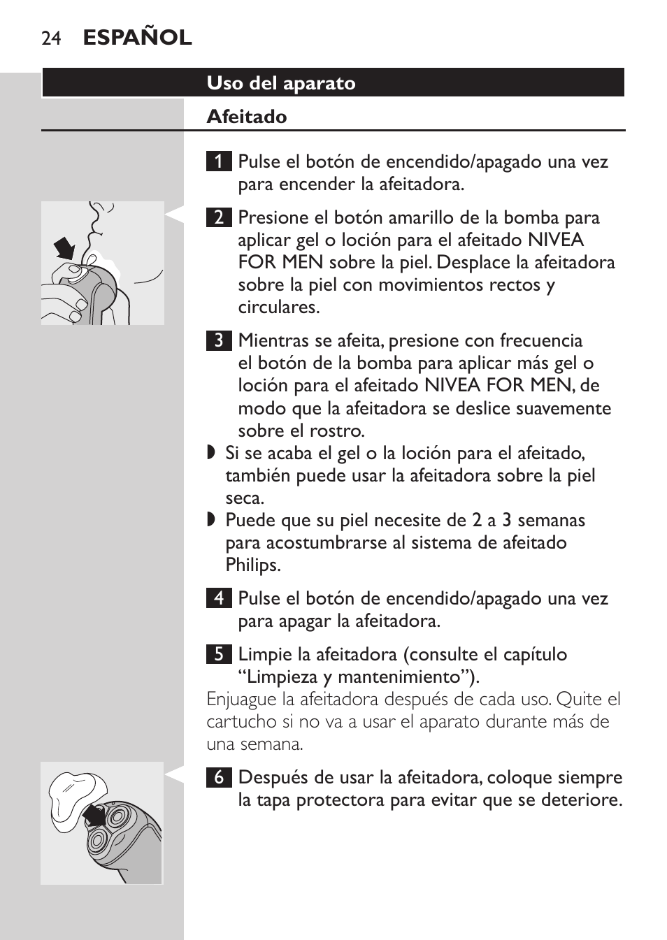 Uso del aparato, Afeitado | Philips Afeitadora NIVEA FOR MEN User Manual | Page 22 / 92