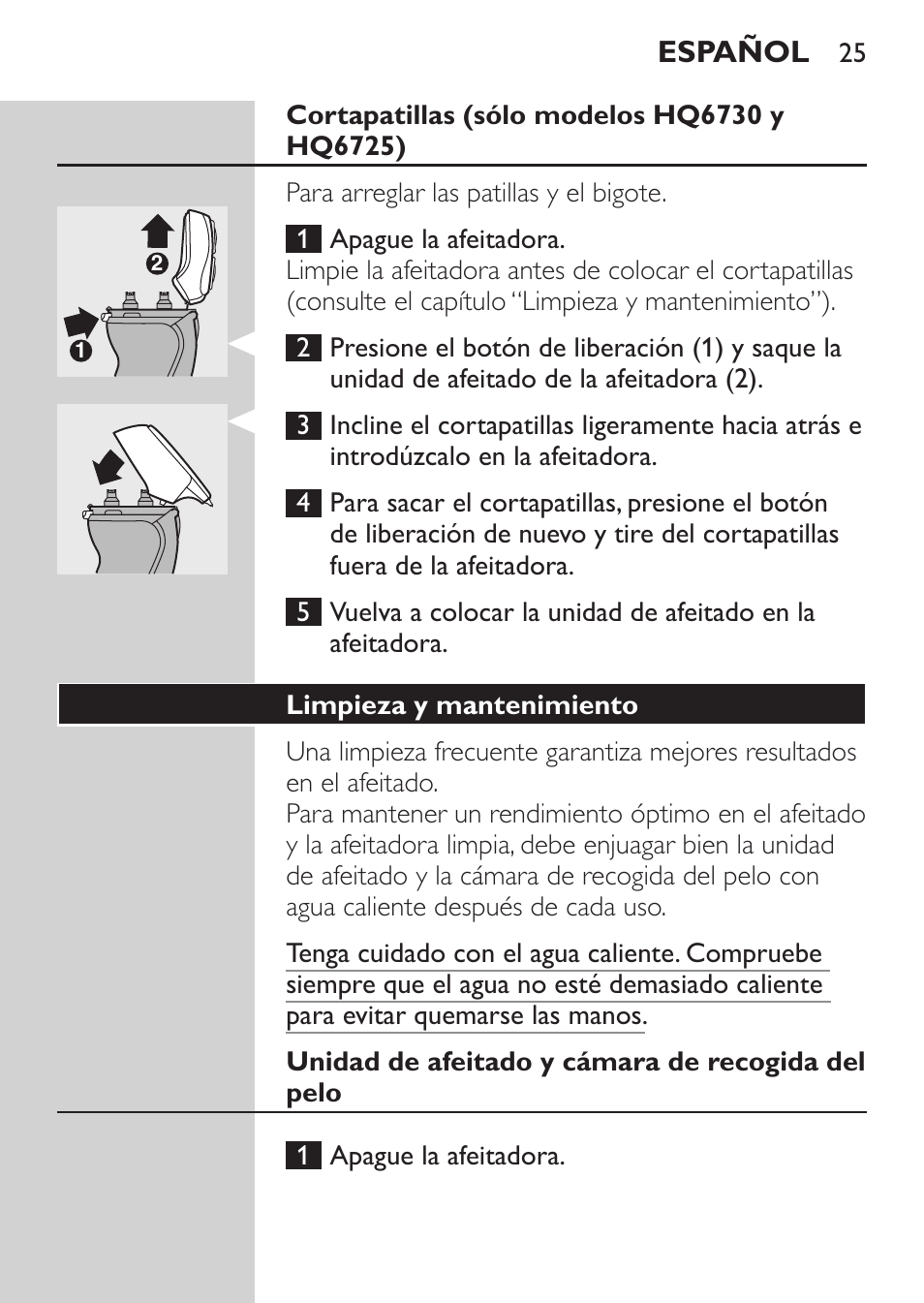 Cortapatillas (sólo modelos hq6730 y hq6725), Limpieza y mantenimiento, Español | Philips Afeitadora NIVEA FOR MEN User Manual | Page 23 / 92