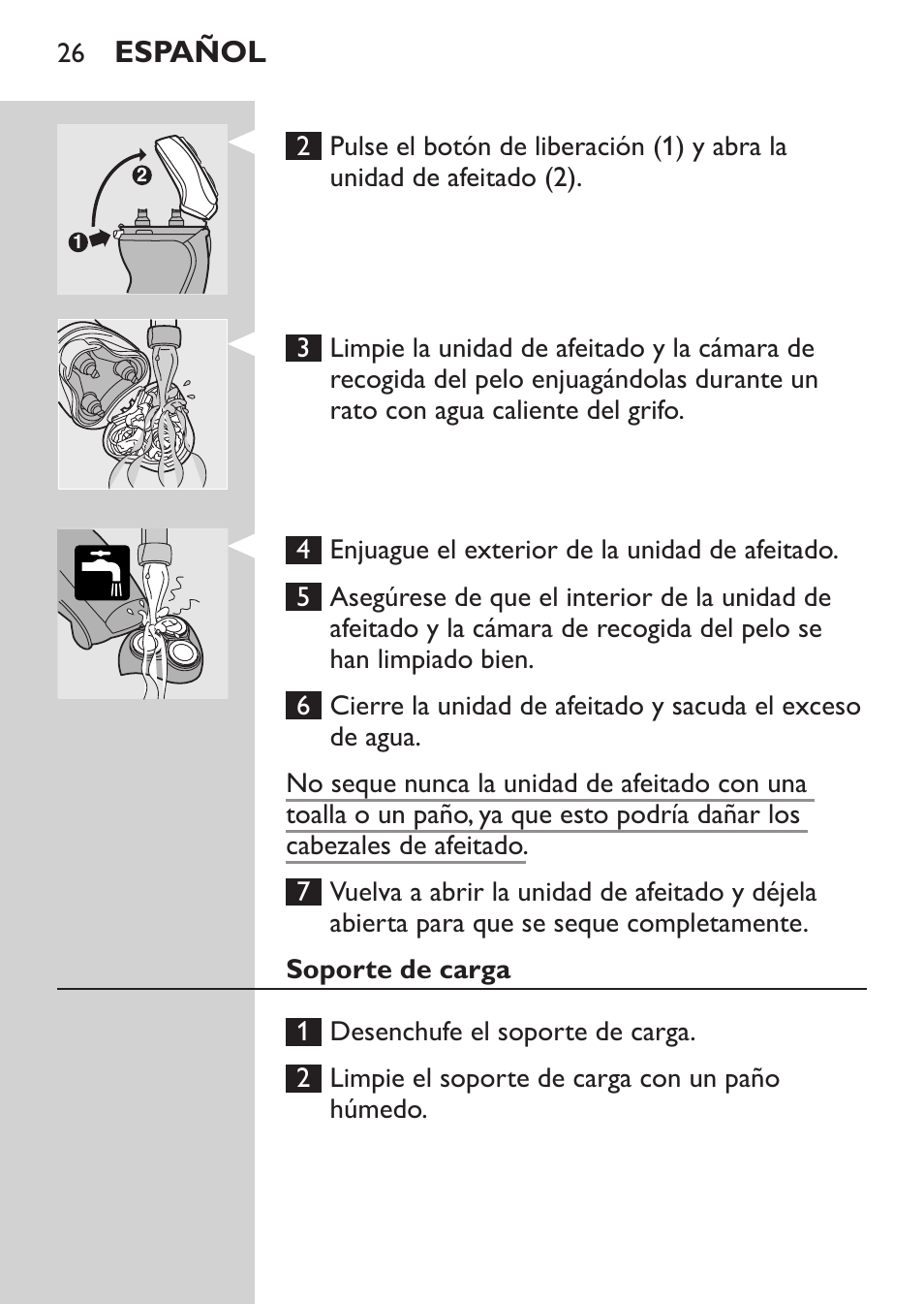 Unidad de afeitado y cámara de recogida del pelo, Soporte de carga, Español | Philips Afeitadora NIVEA FOR MEN User Manual | Page 24 / 92
