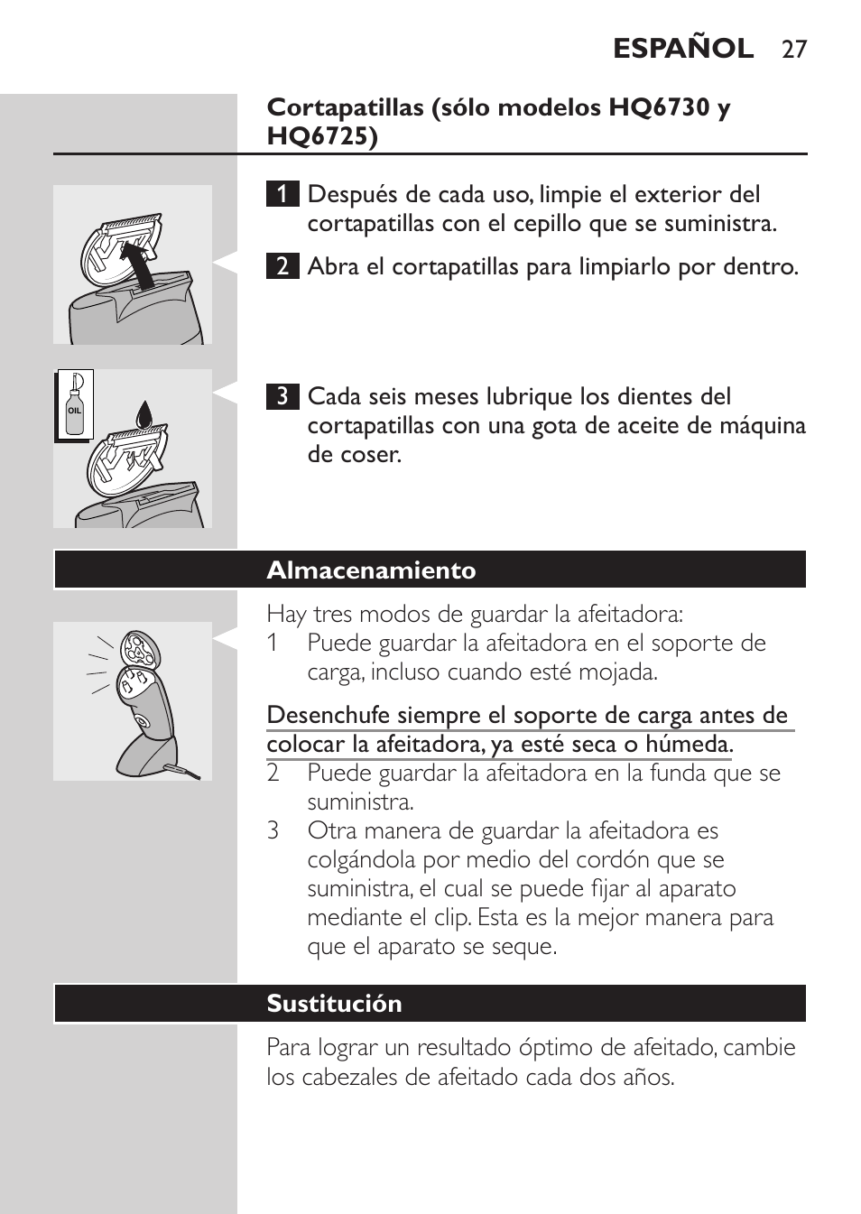 Cortapatillas (sólo modelos hq6730 y hq6725), Almacenamiento, Español | Philips Afeitadora NIVEA FOR MEN User Manual | Page 25 / 92