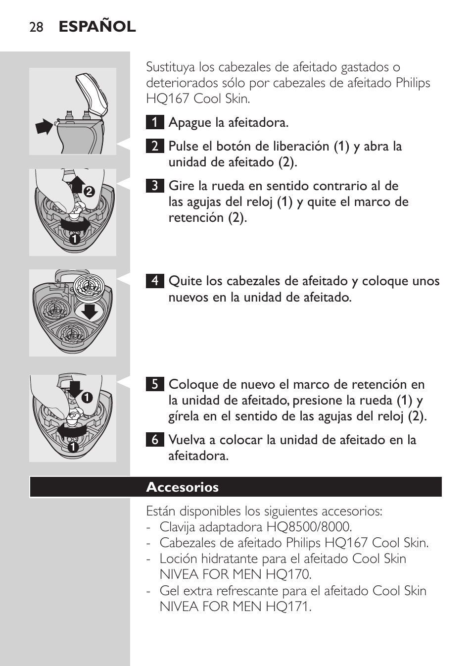 Sustitución, Accesorios, Español | Philips Afeitadora NIVEA FOR MEN User Manual | Page 26 / 92
