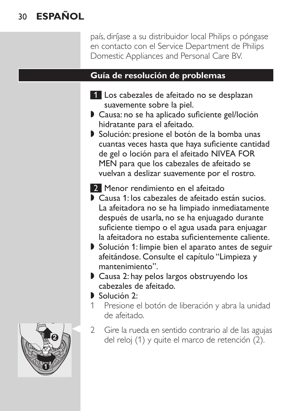 Guía de resolución de problemas, Español | Philips Afeitadora NIVEA FOR MEN User Manual | Page 28 / 92