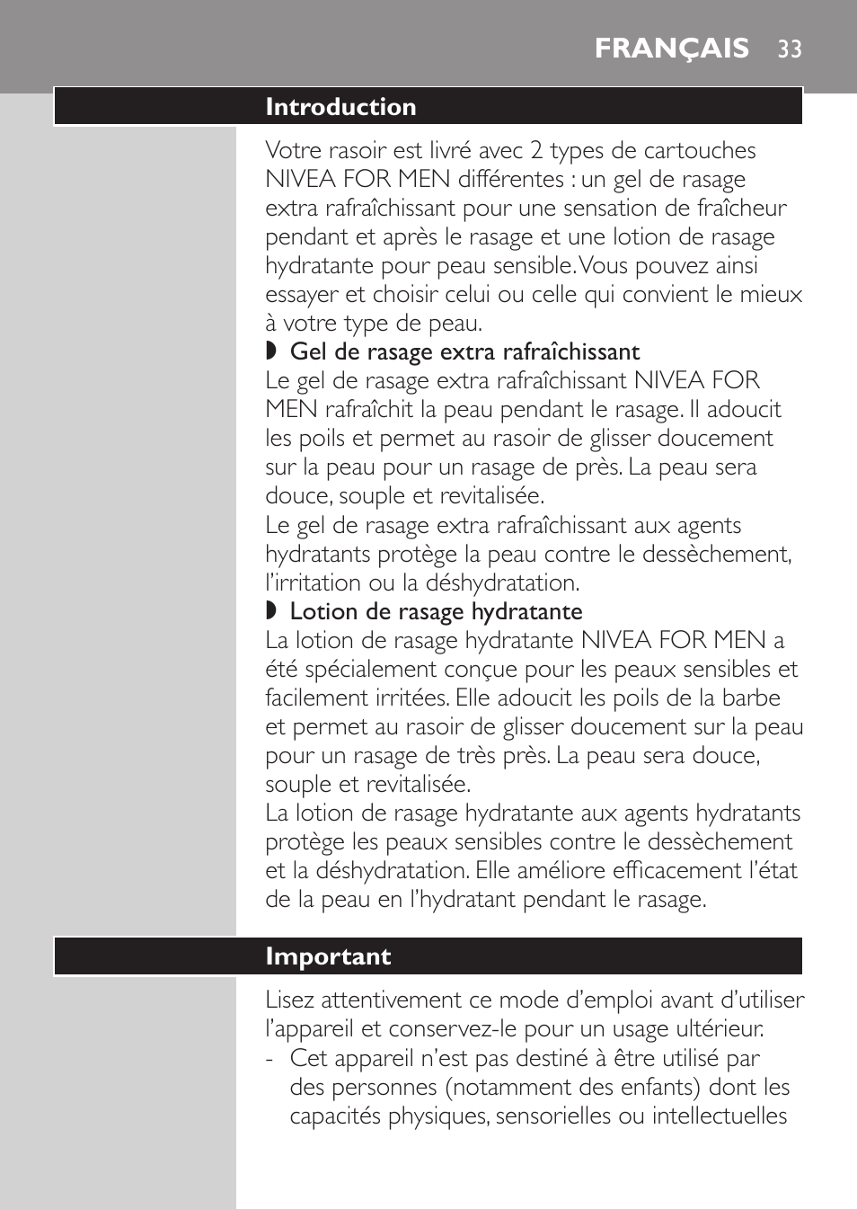 Français, Introduction, Important | Philips Afeitadora NIVEA FOR MEN User Manual | Page 31 / 92
