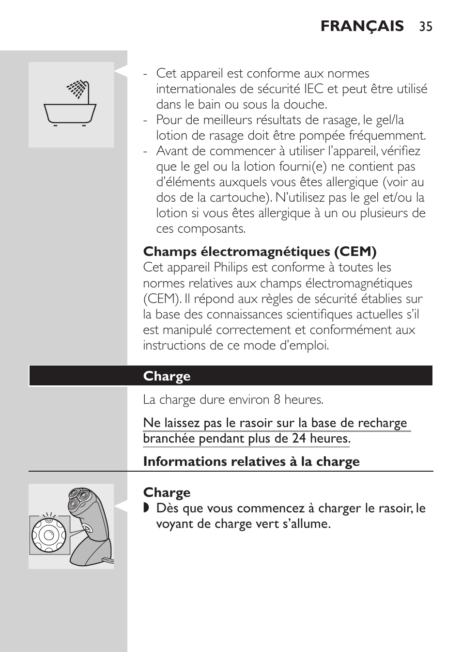 Champs électromagnétiques (cem), Charge, Informations relatives à la charge | Philips Afeitadora NIVEA FOR MEN User Manual | Page 33 / 92