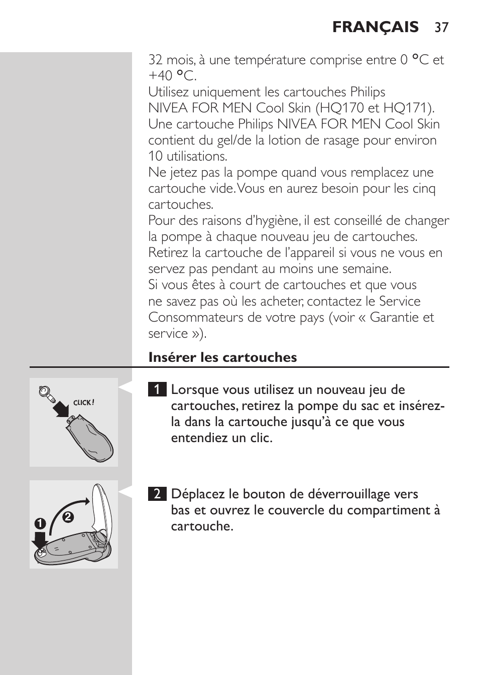Insérer les cartouches, Français | Philips Afeitadora NIVEA FOR MEN User Manual | Page 35 / 92