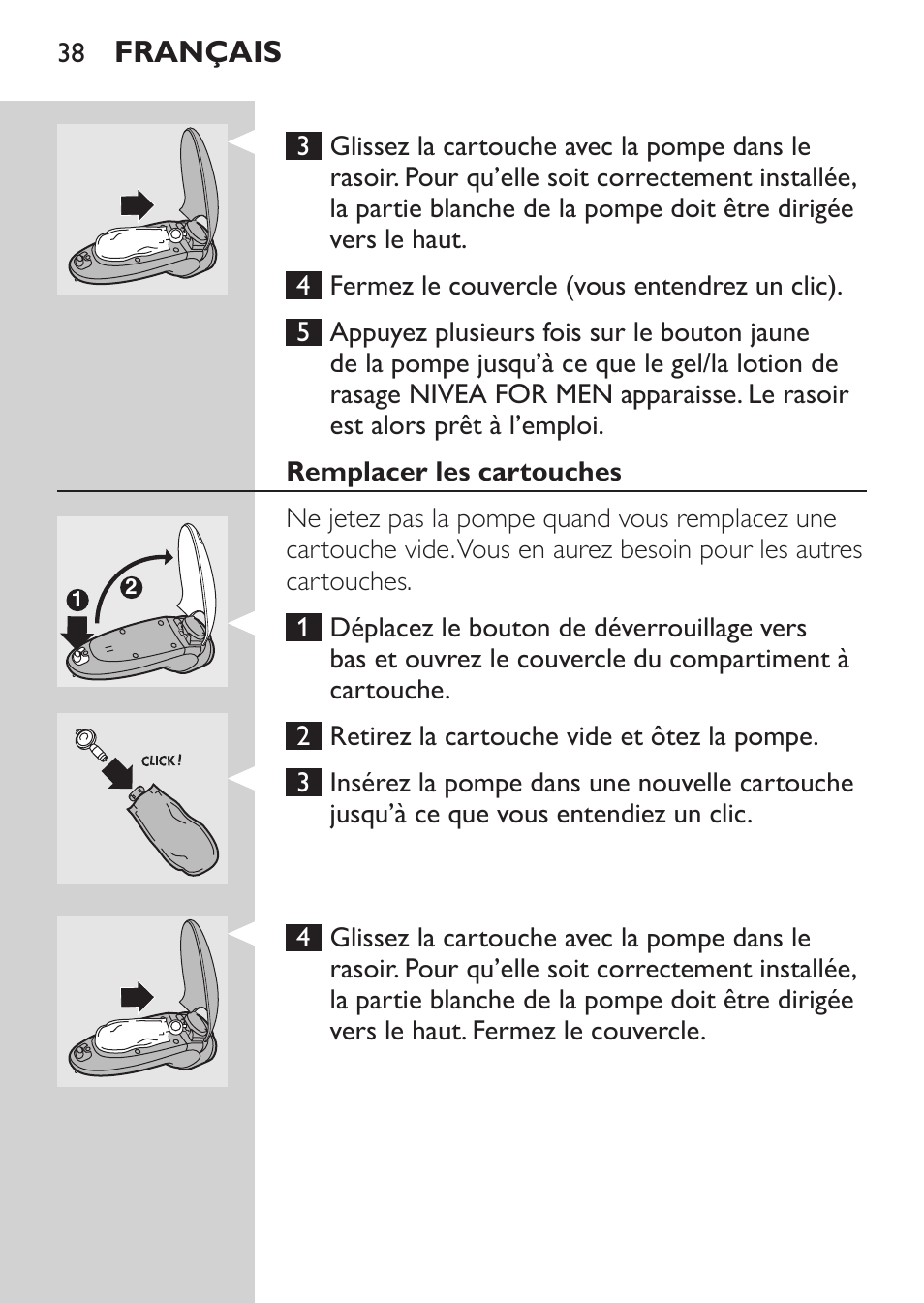 Remplacer les cartouches, Français | Philips Afeitadora NIVEA FOR MEN User Manual | Page 36 / 92