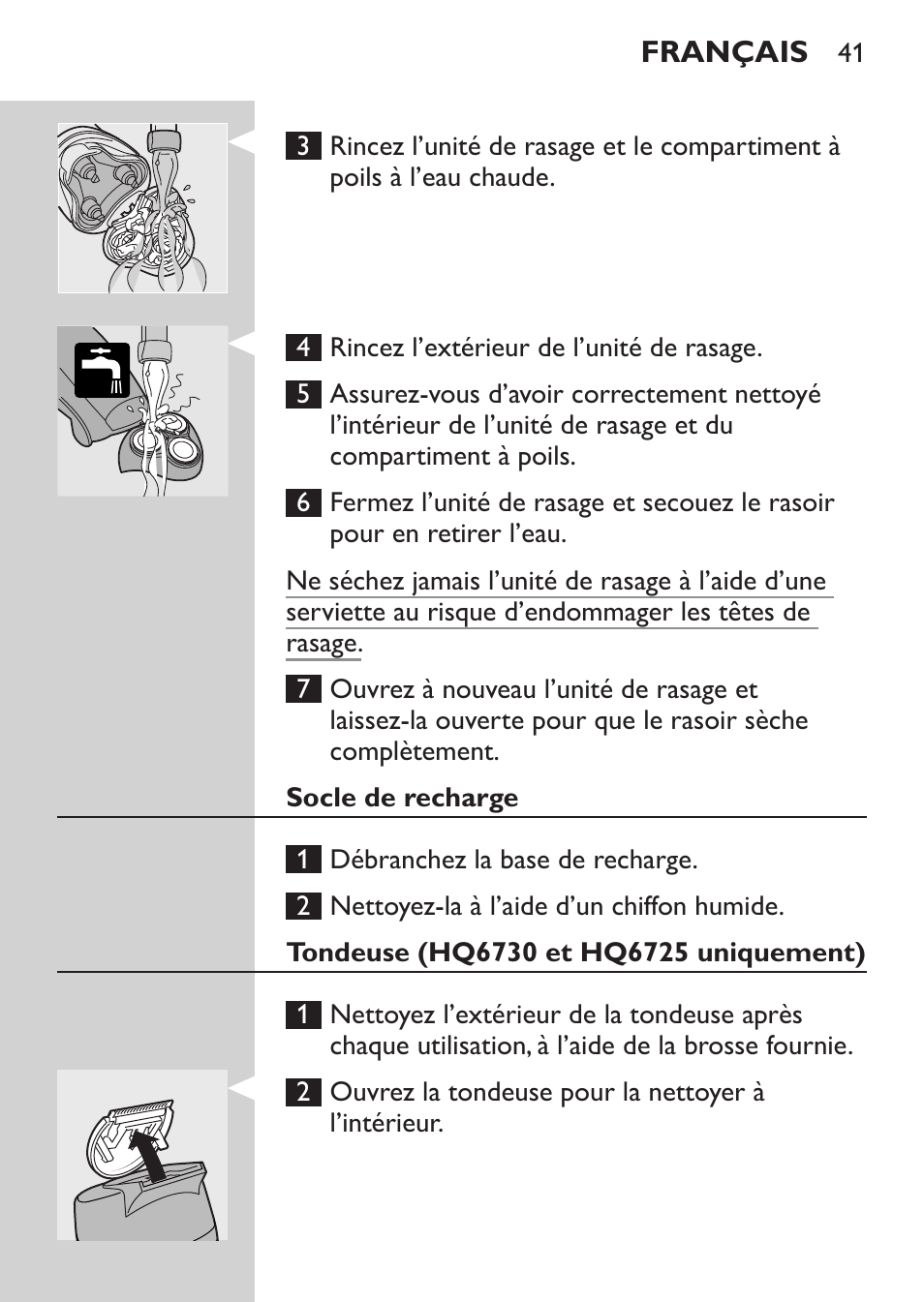 Socle de recharge, Tondeuse (hq6730 et hq6725 uniquement) | Philips Afeitadora NIVEA FOR MEN User Manual | Page 39 / 92