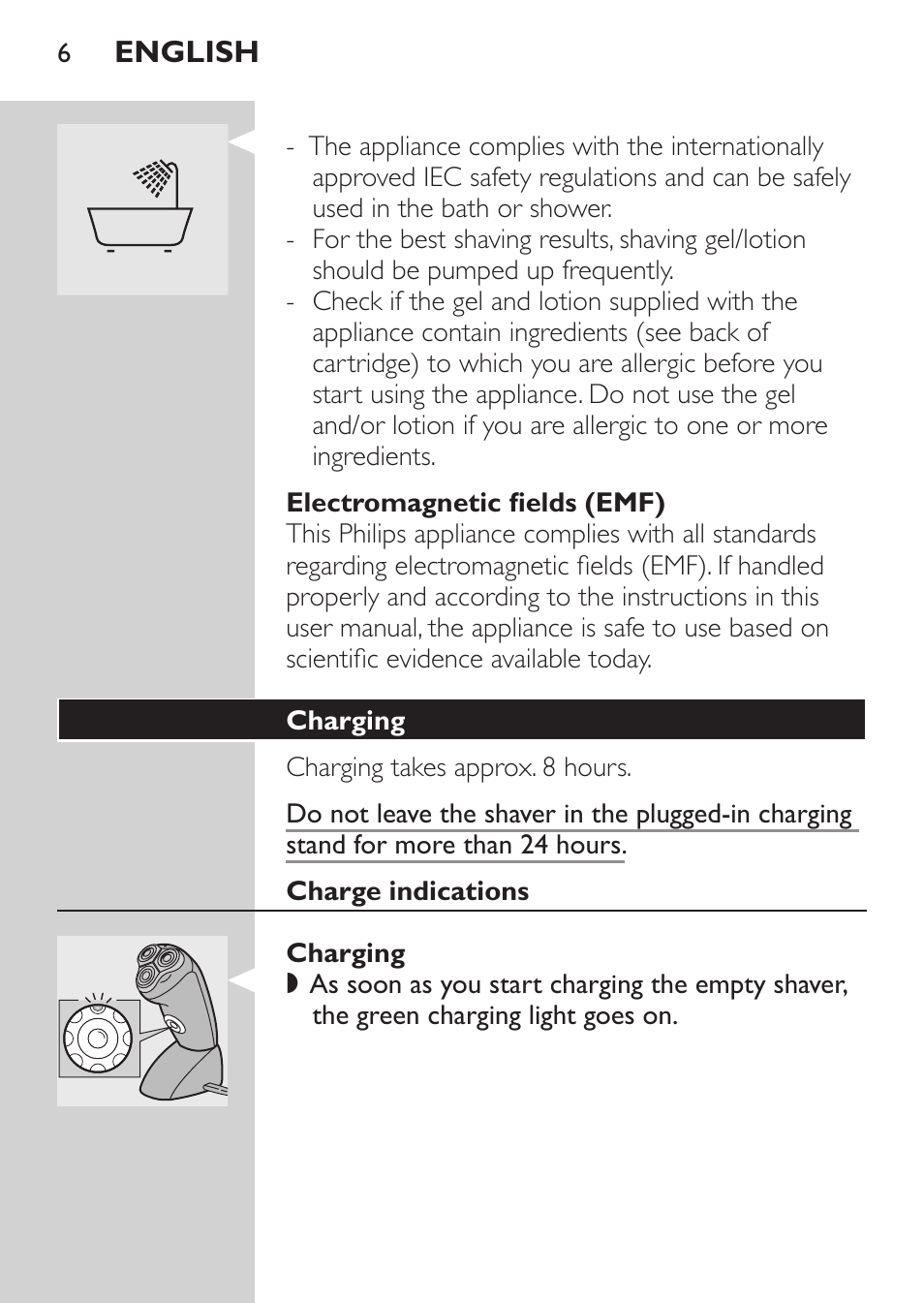 Electromagnetic fields (emf), Charging, Charge indications | Philips Afeitadora NIVEA FOR MEN User Manual | Page 4 / 92