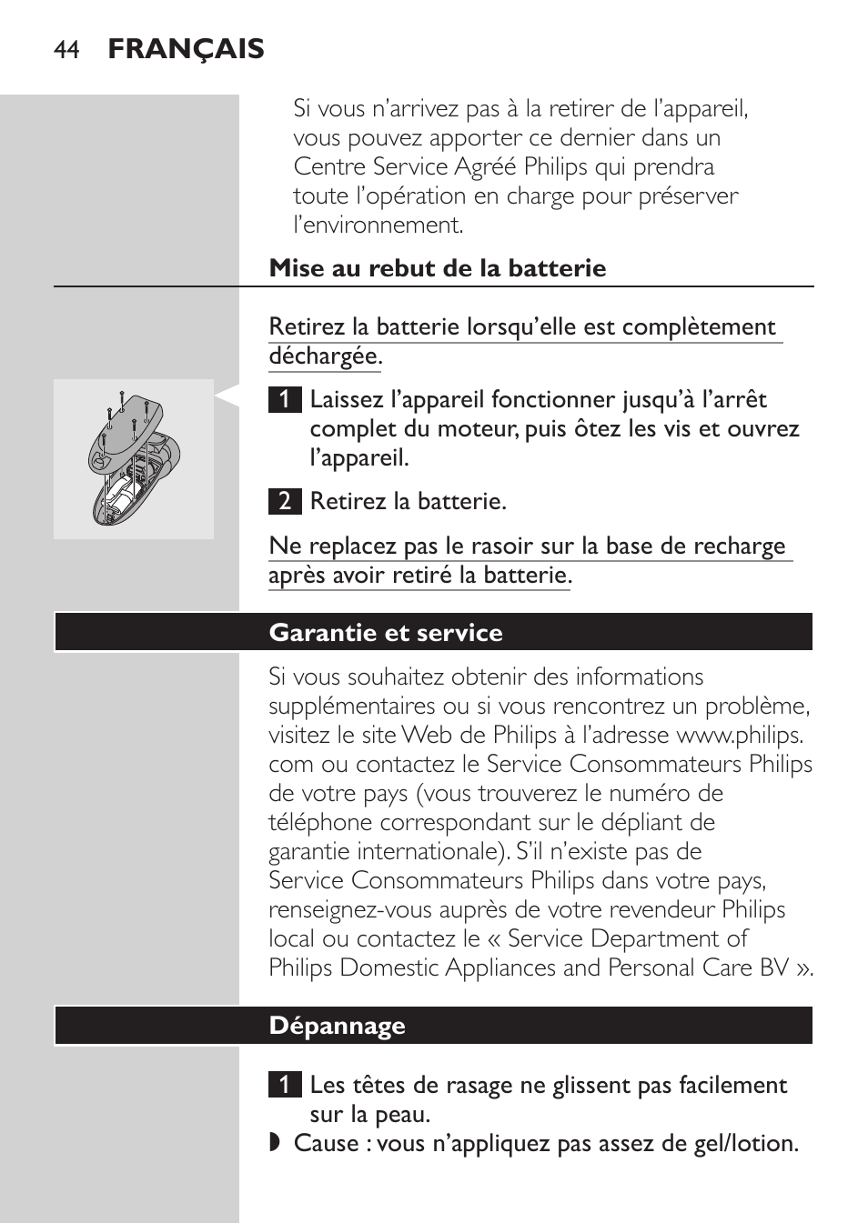 Environnement, Mise au rebut de la batterie, Garantie et service | Philips Afeitadora NIVEA FOR MEN User Manual | Page 42 / 92