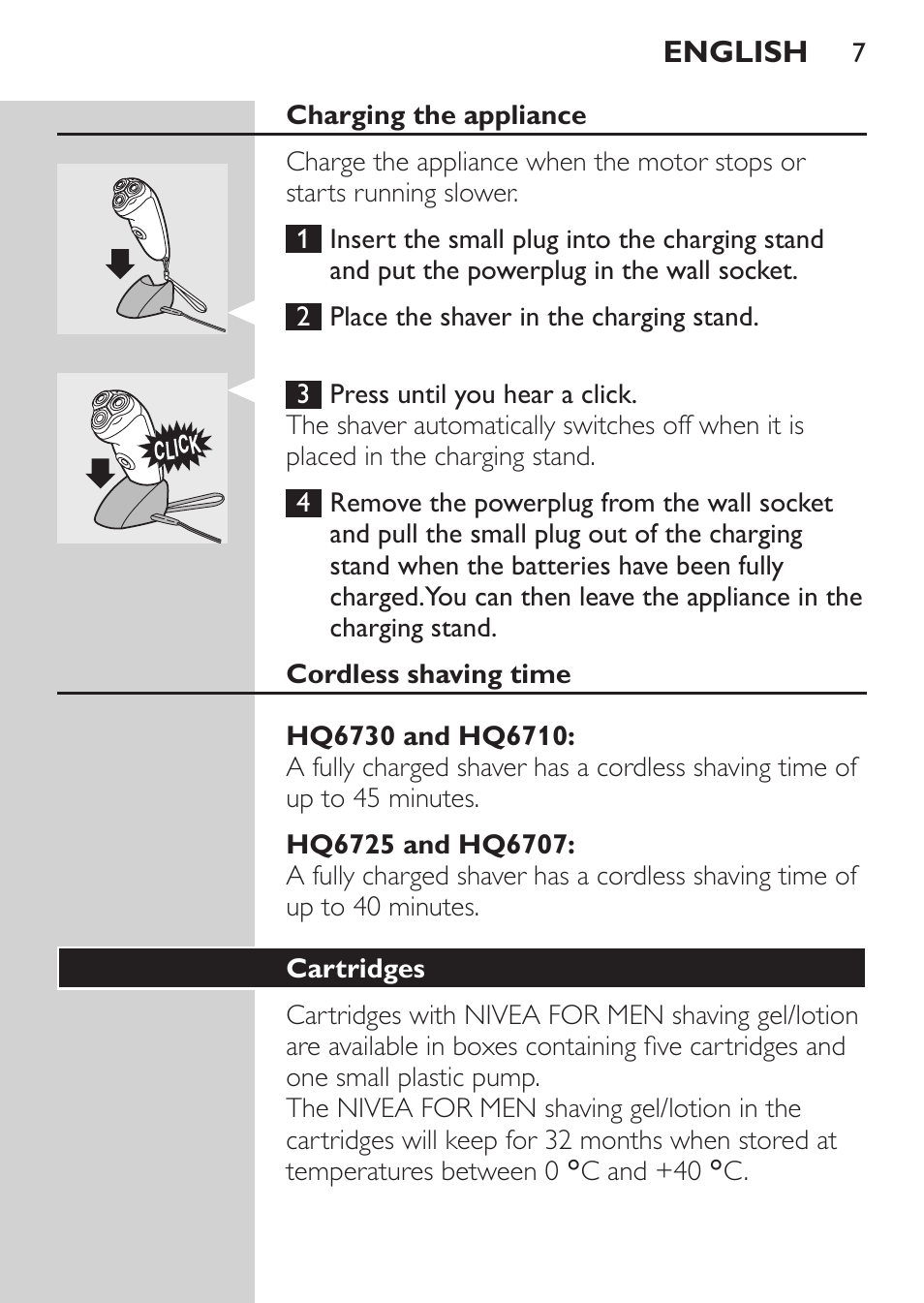 Charging the appliance, Cordless shaving time, Hq6730 and hq6710 | Hq6725 and hq6707, Cartridges | Philips Afeitadora NIVEA FOR MEN User Manual | Page 5 / 92