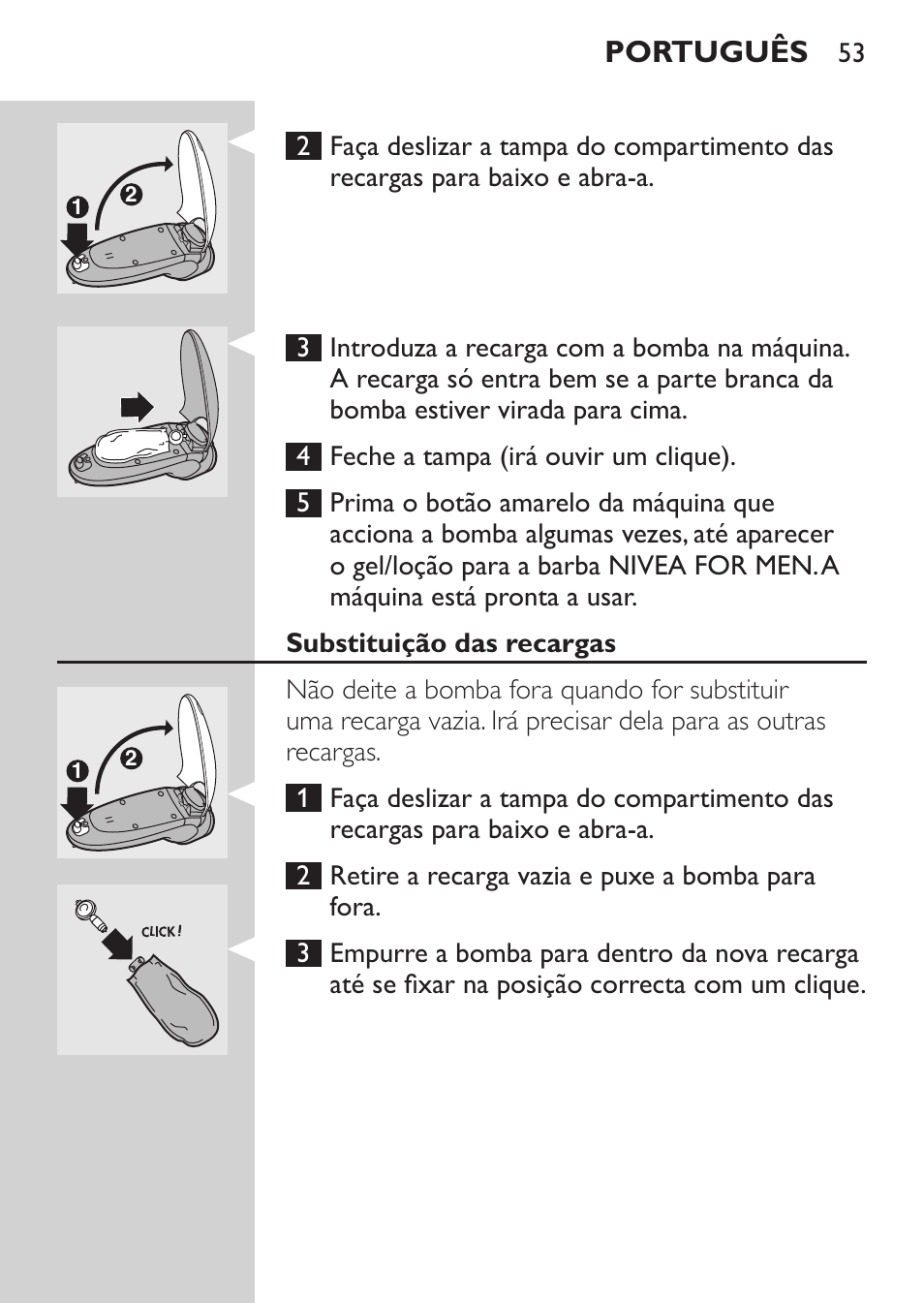 Substituição das recargas, Português | Philips Afeitadora NIVEA FOR MEN User Manual | Page 51 / 92