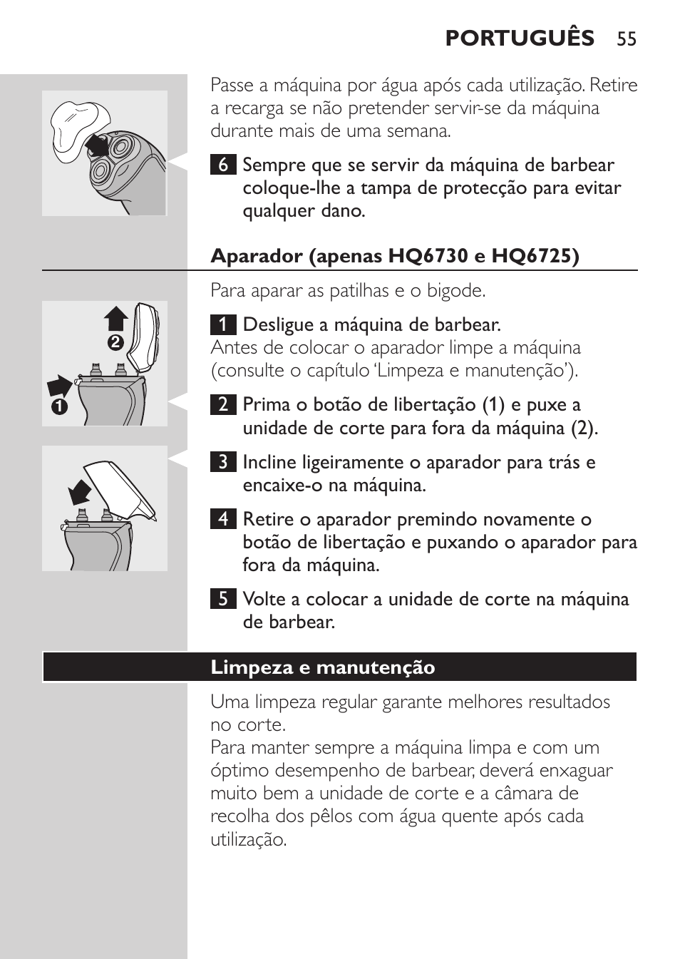 Aparador (apenas hq6730 e hq6725), Limpeza e manutenção, Português | Philips Afeitadora NIVEA FOR MEN User Manual | Page 53 / 92