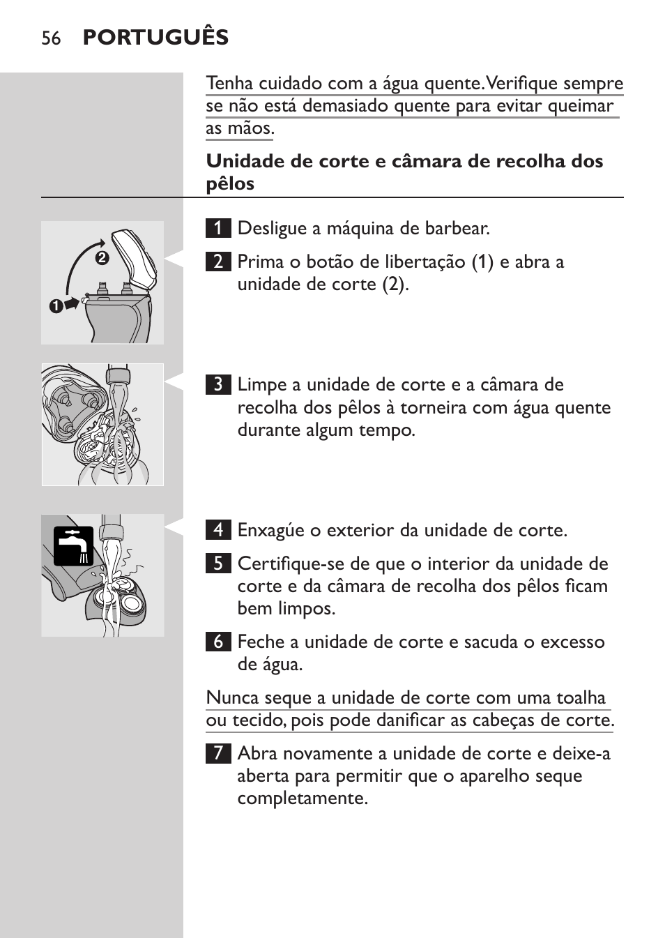 Unidade de corte e câmara de recolha dos pêlos, Base de carga, Português | Philips Afeitadora NIVEA FOR MEN User Manual | Page 54 / 92