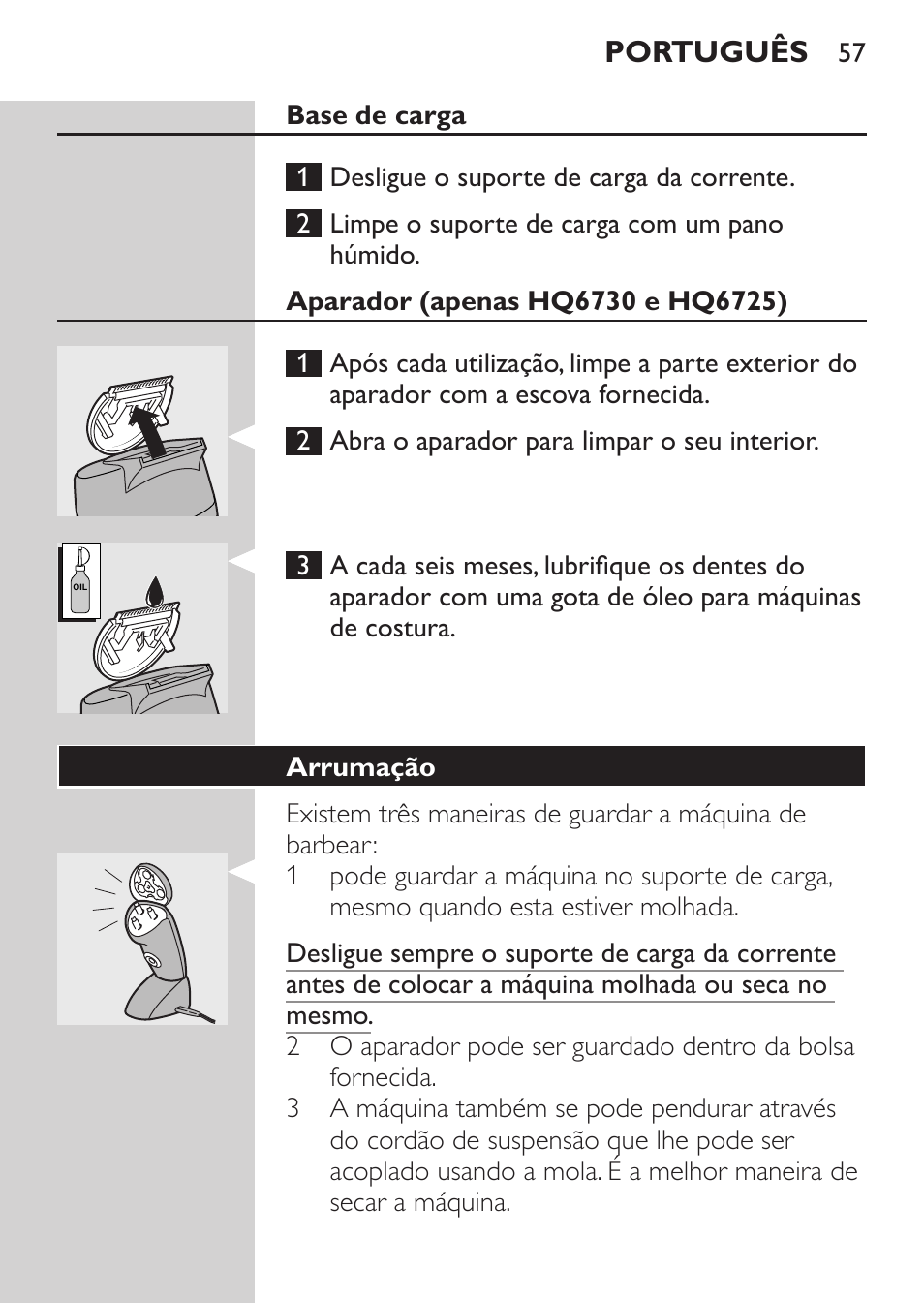 Aparador (apenas hq6730 e hq6725), Arrumação, Português | Philips Afeitadora NIVEA FOR MEN User Manual | Page 55 / 92