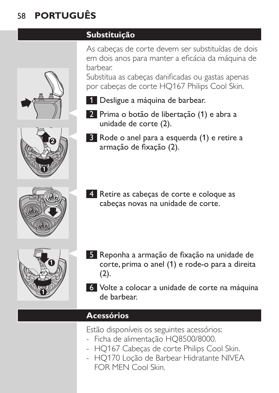 Substituição, Acessórios, Português | Philips Afeitadora NIVEA FOR MEN User Manual | Page 56 / 92