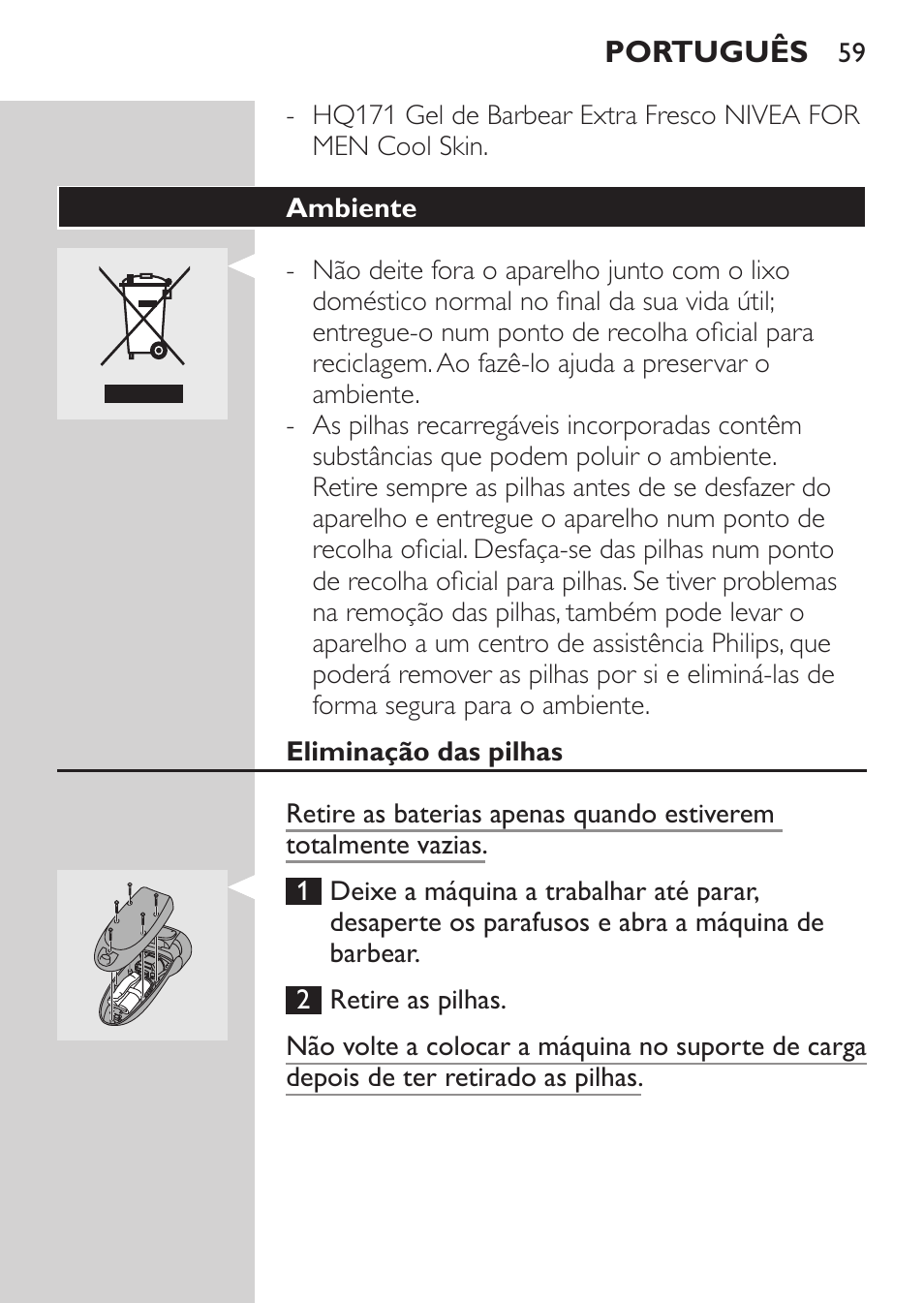 Ambiente, Eliminação das pilhas, Garantia e assistência | Philips Afeitadora NIVEA FOR MEN User Manual | Page 57 / 92