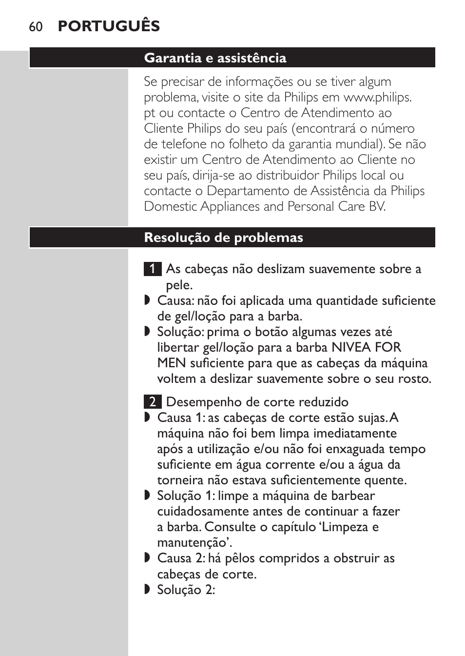 Resolução de problemas | Philips Afeitadora NIVEA FOR MEN User Manual | Page 58 / 92