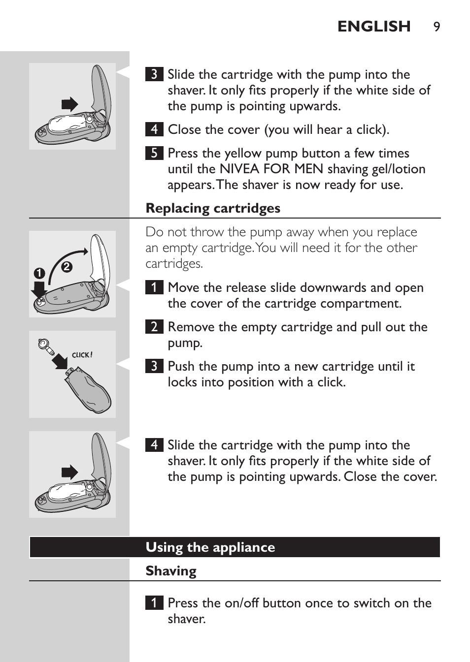 Replacing cartridges, English | Philips Afeitadora NIVEA FOR MEN User Manual | Page 7 / 92