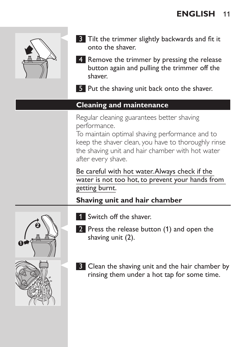 Cleaning and maintenance, Shaving unit and hair chamber, English | Philips Afeitadora NIVEA FOR MEN User Manual | Page 9 / 92