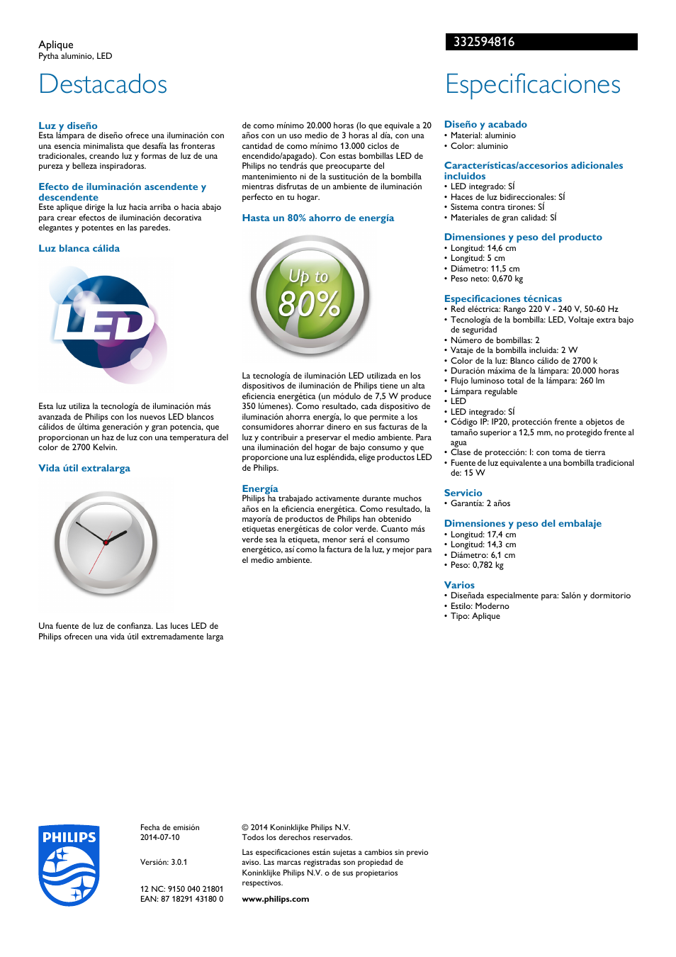 Destacados, Especificaciones | Philips Ledino Aplique User Manual | Page 2 / 2