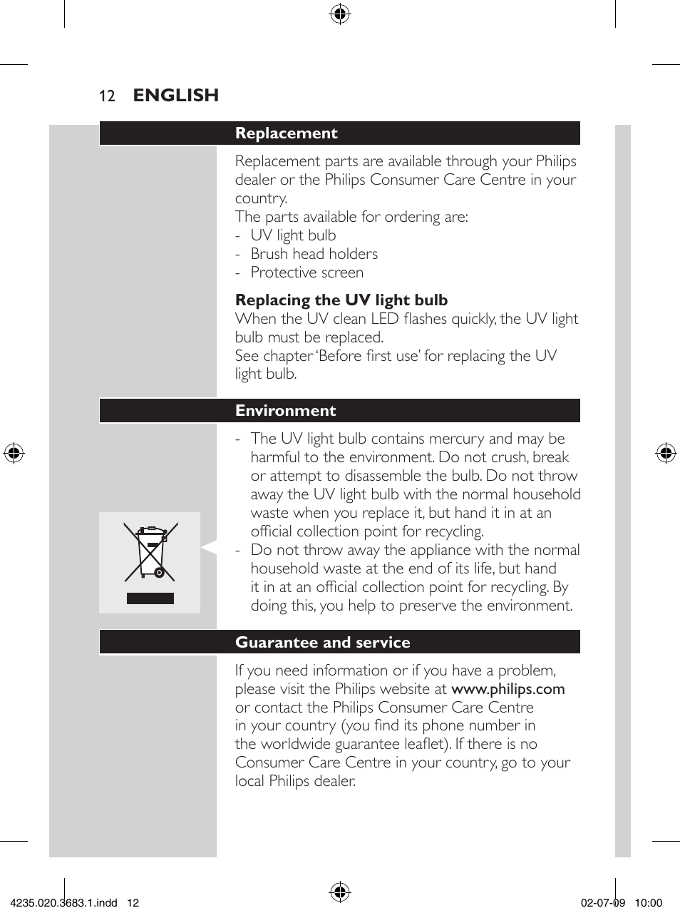 Philips Sonicare Higienizador por rayos UV User Manual | Page 12 / 96