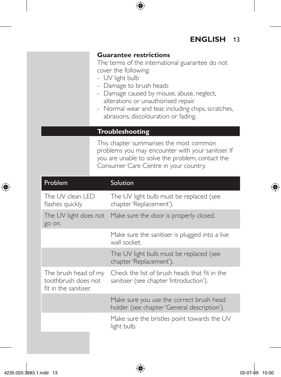 Philips Sonicare Higienizador por rayos UV User Manual | Page 13 / 96