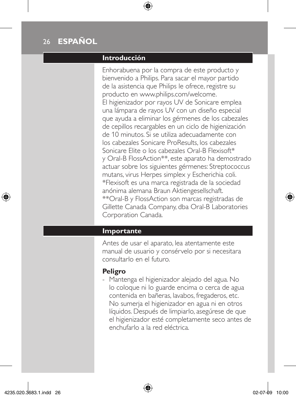 Philips Sonicare Higienizador por rayos UV User Manual | Page 26 / 96