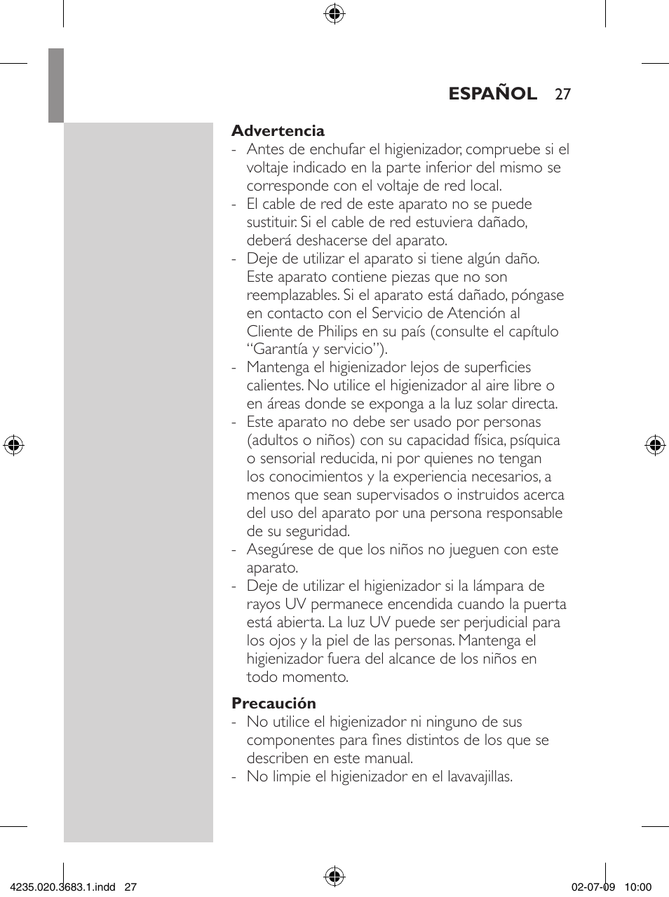 Philips Sonicare Higienizador por rayos UV User Manual | Page 27 / 96