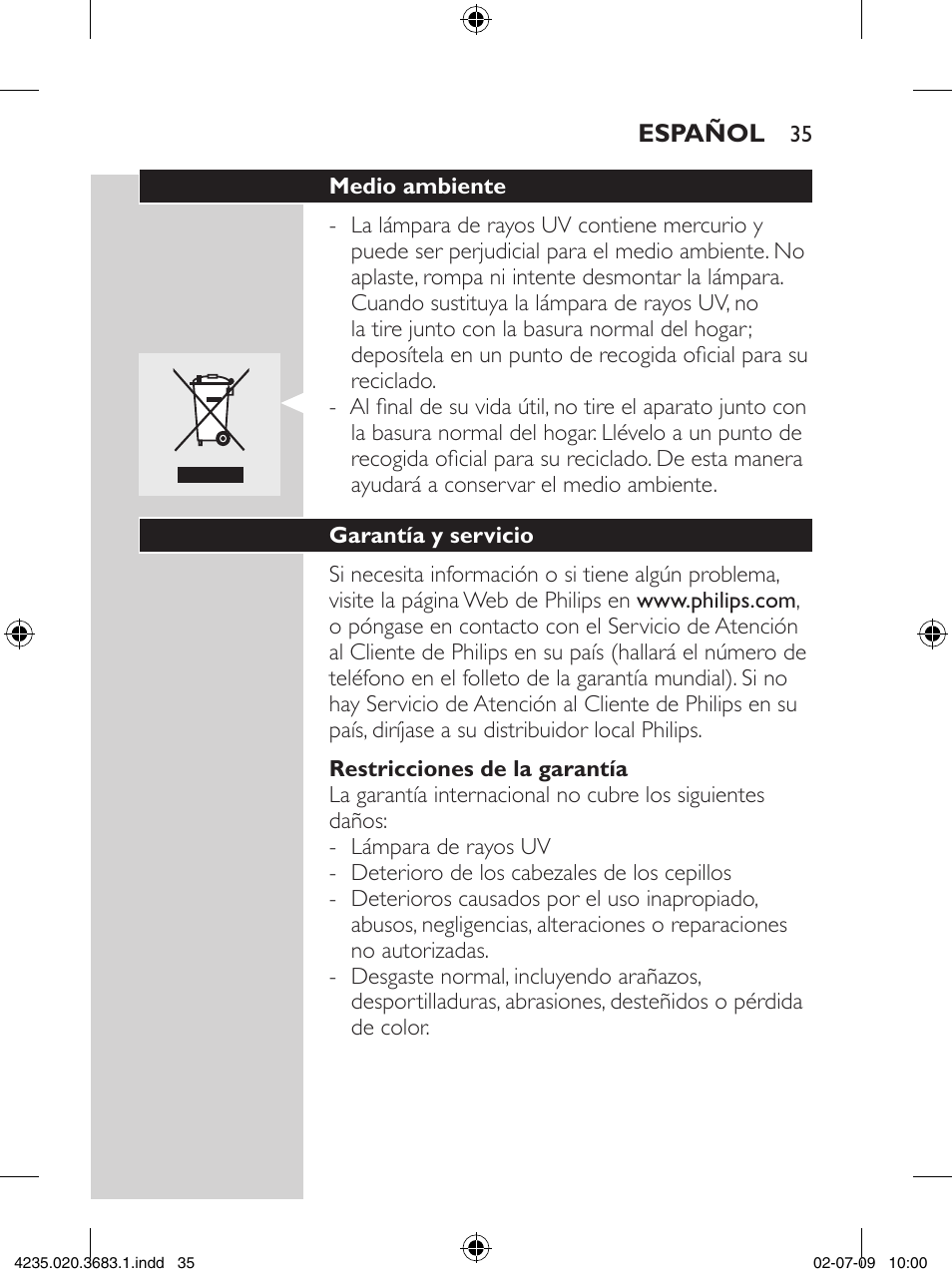 Philips Sonicare Higienizador por rayos UV User Manual | Page 35 / 96