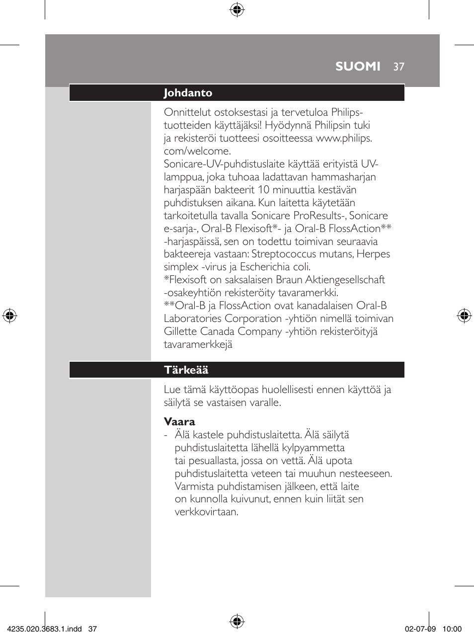 Philips Sonicare Higienizador por rayos UV User Manual | Page 37 / 96