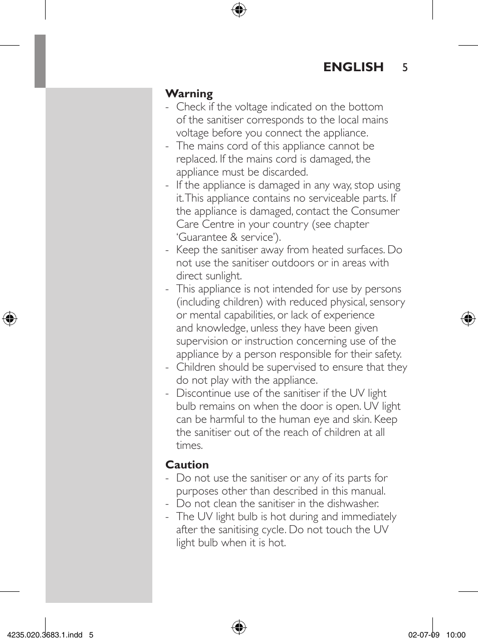 Philips Sonicare Higienizador por rayos UV User Manual | Page 5 / 96