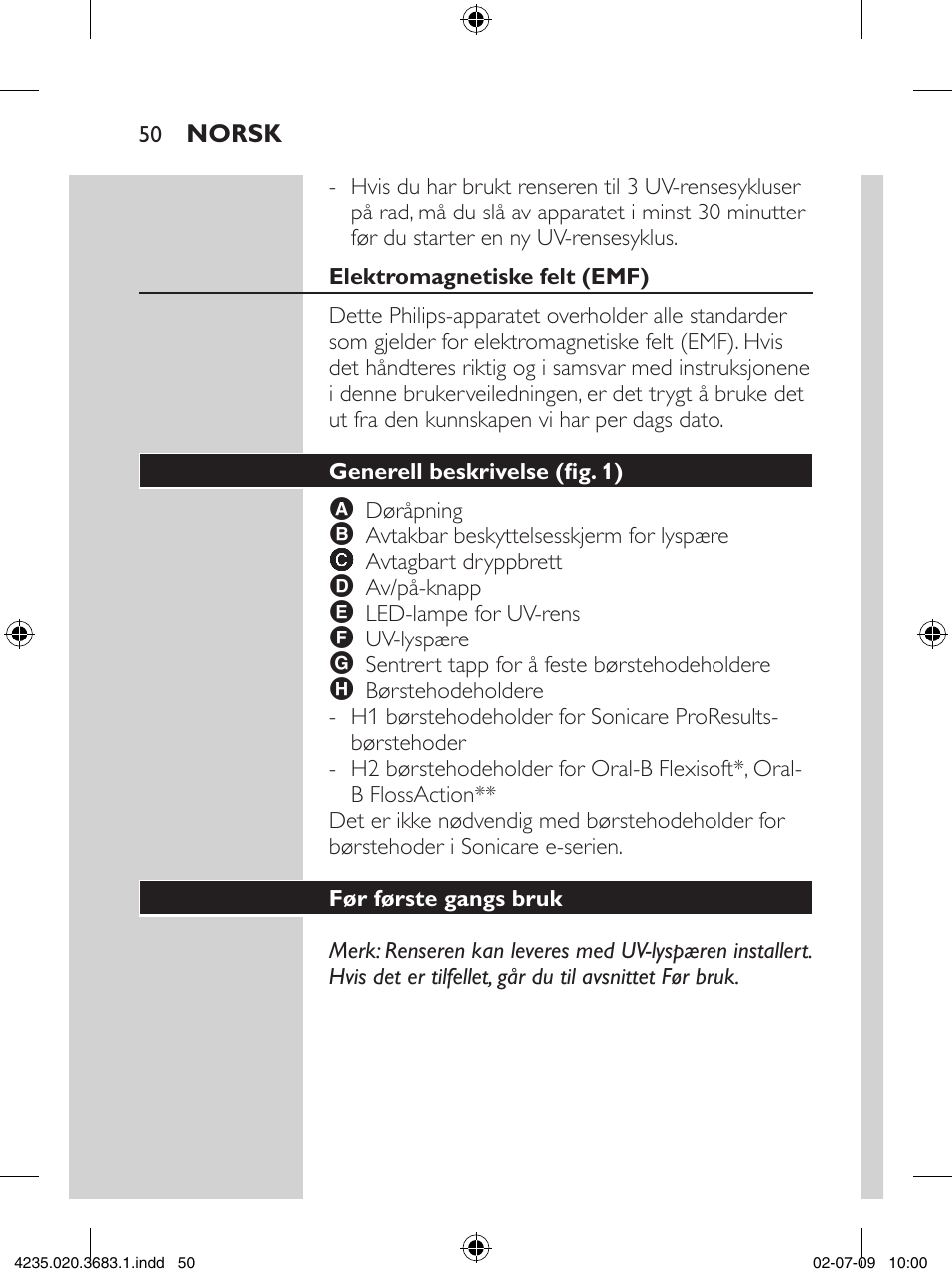 Philips Sonicare Higienizador por rayos UV User Manual | Page 50 / 96