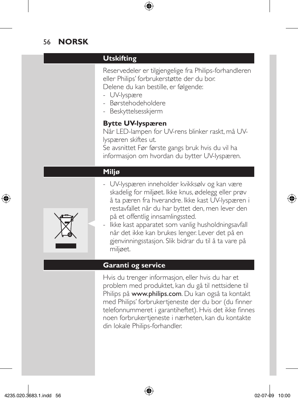 Philips Sonicare Higienizador por rayos UV User Manual | Page 56 / 96