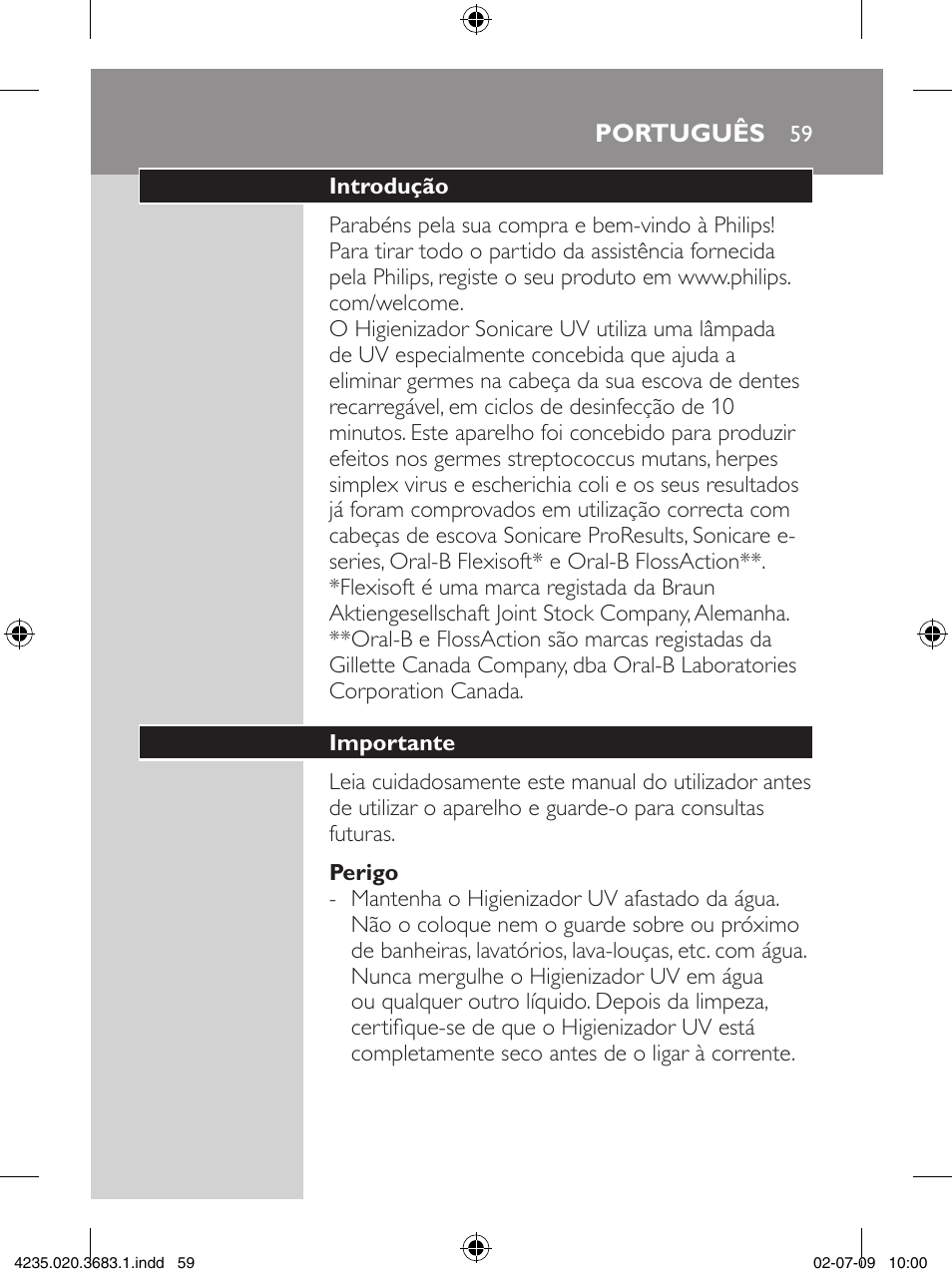 Philips Sonicare Higienizador por rayos UV User Manual | Page 59 / 96