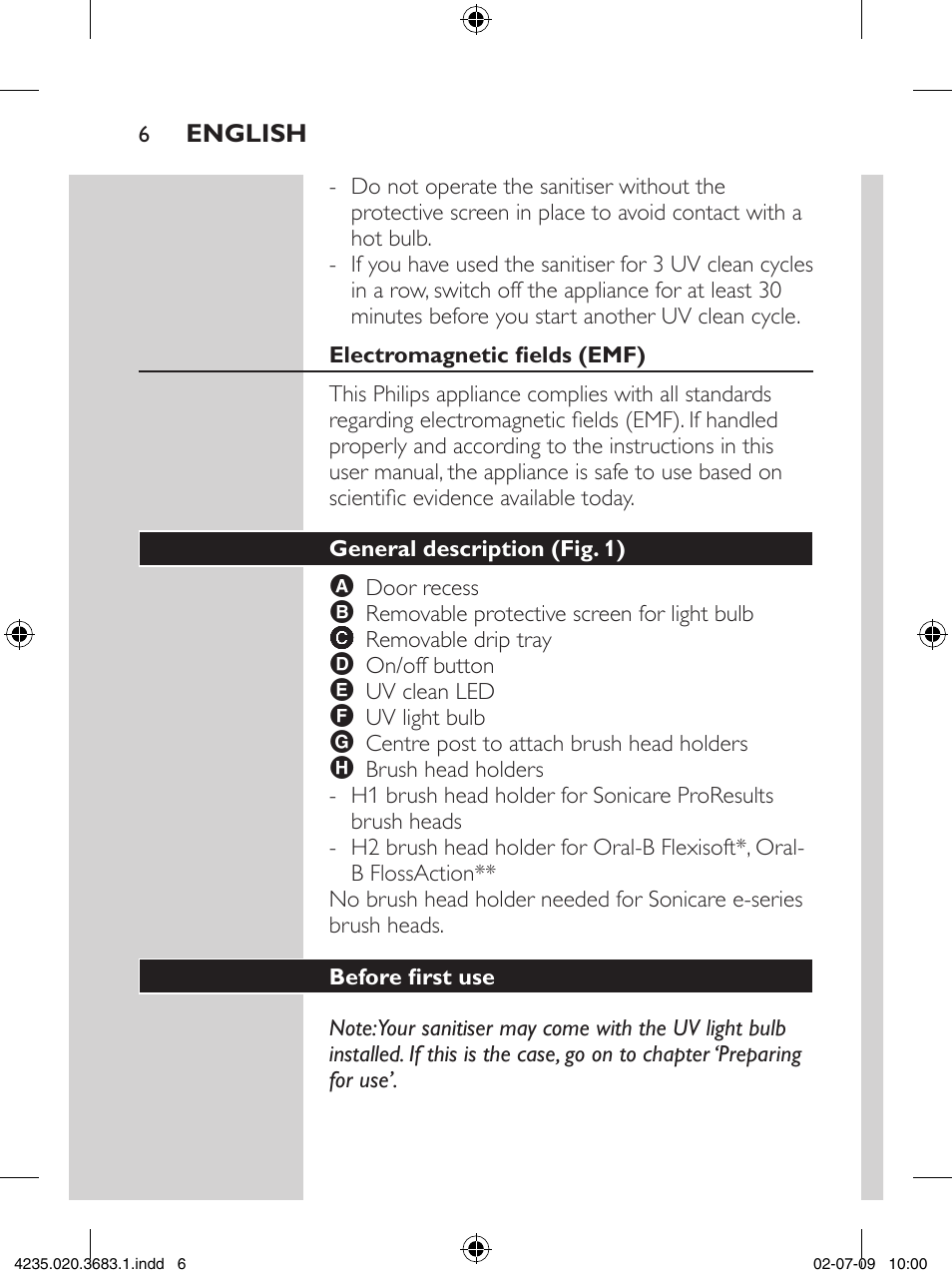 Philips Sonicare Higienizador por rayos UV User Manual | Page 6 / 96