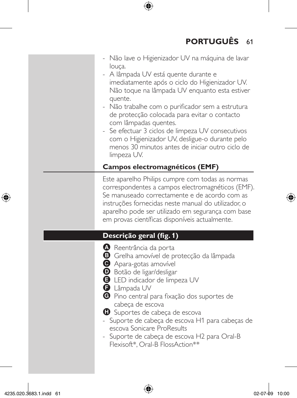 Philips Sonicare Higienizador por rayos UV User Manual | Page 61 / 96