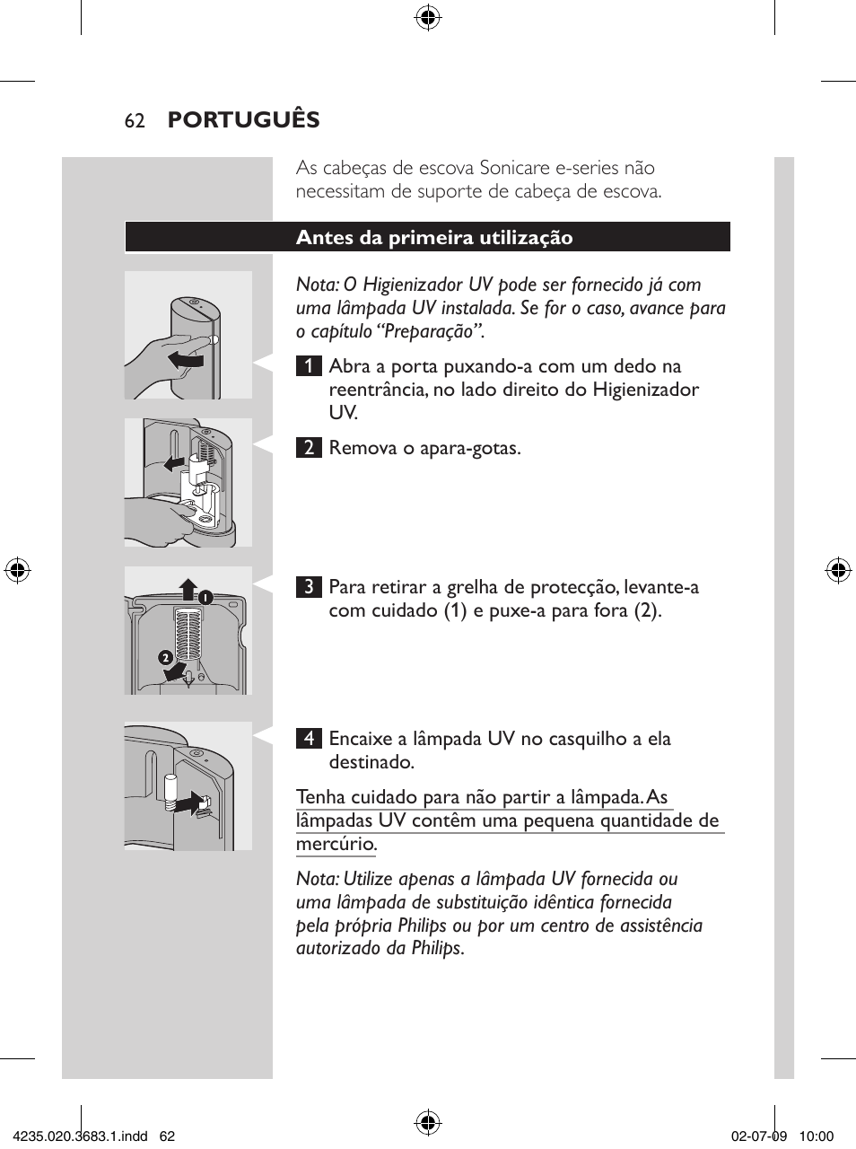Philips Sonicare Higienizador por rayos UV User Manual | Page 62 / 96
