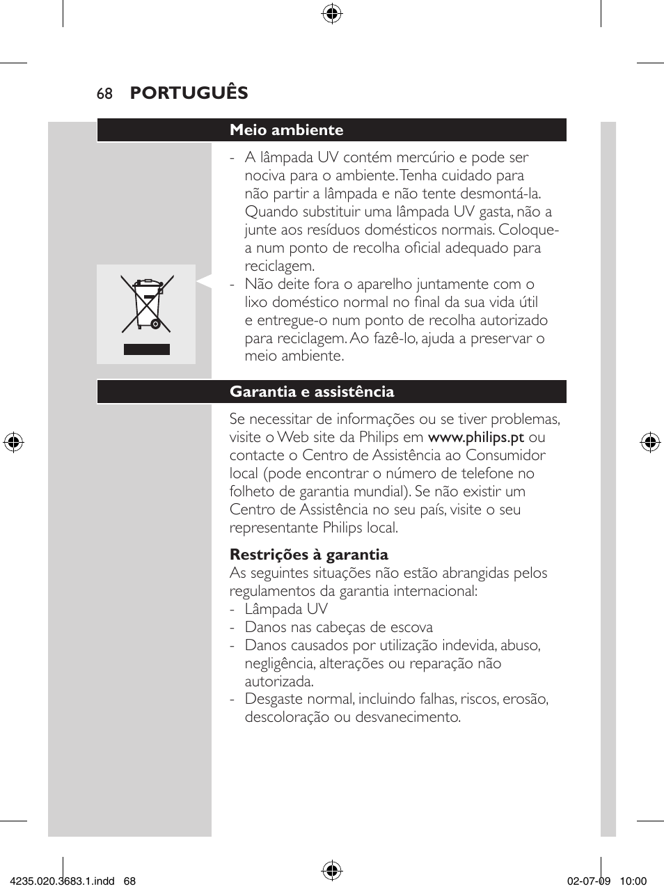 Philips Sonicare Higienizador por rayos UV User Manual | Page 68 / 96