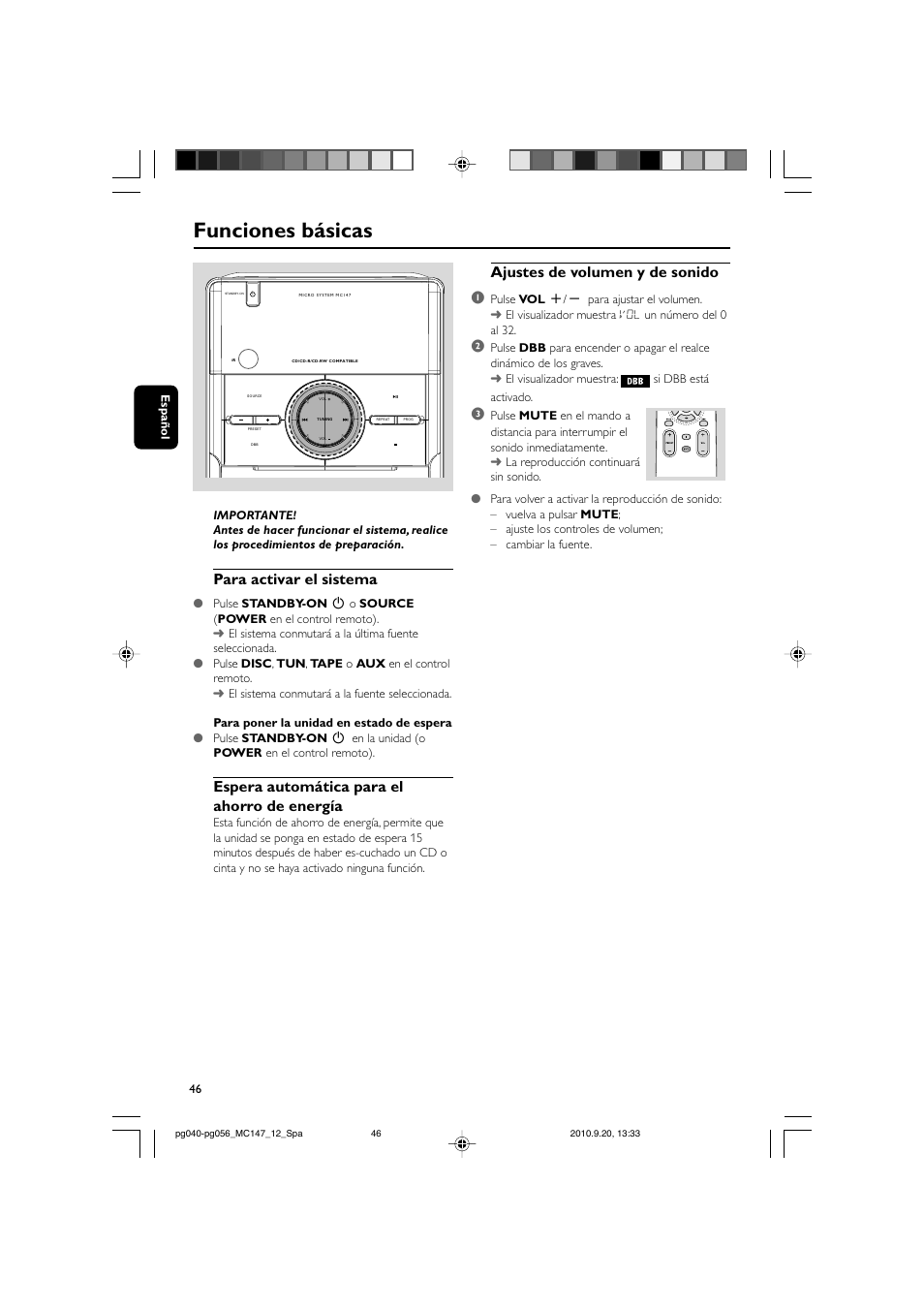 Funciones básicas, Para activar el sistema, Espera automática para el ahorro de energía | Ajustes de volumen y de sonido 1 | Philips Microcadena clásica User Manual | Page 12 / 23