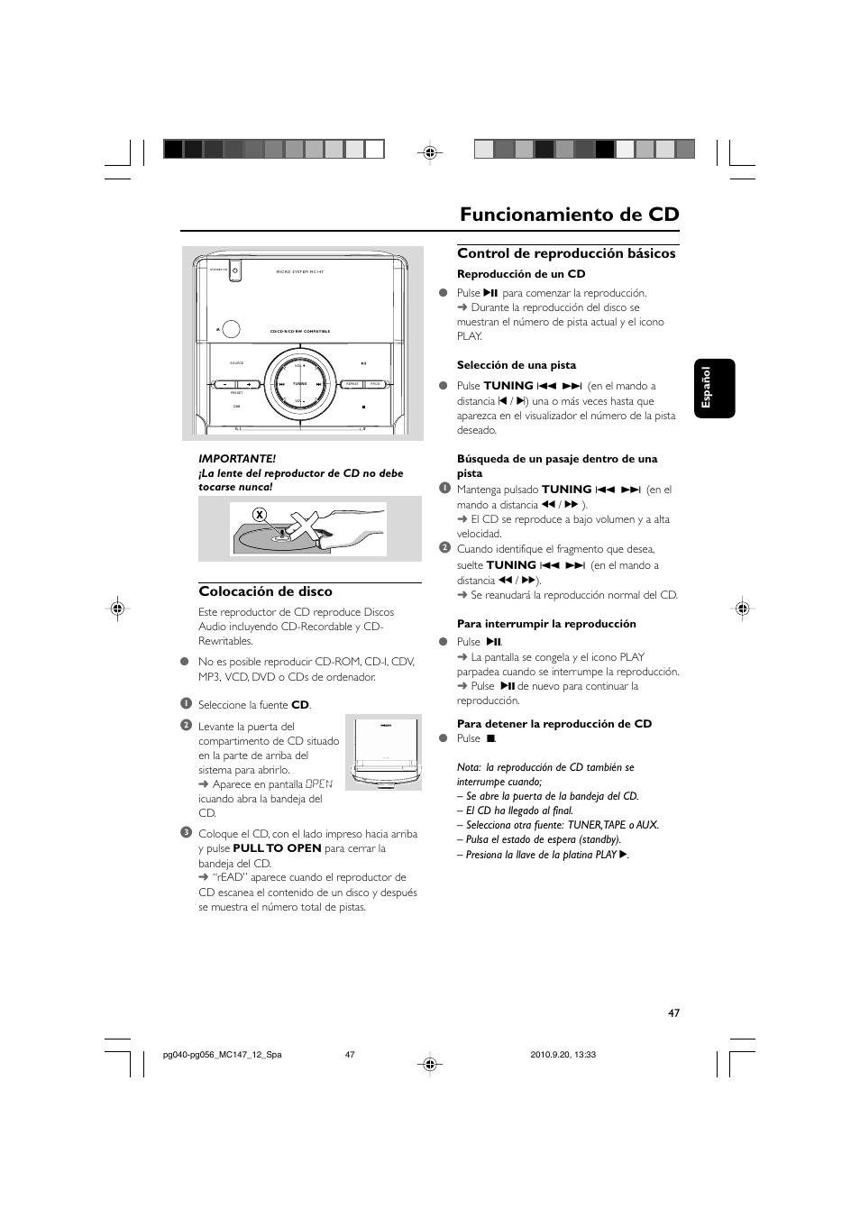 Funcionamiento de cd, Control de reproducción básicos, Colocación de disco | Philips Microcadena clásica User Manual | Page 13 / 23