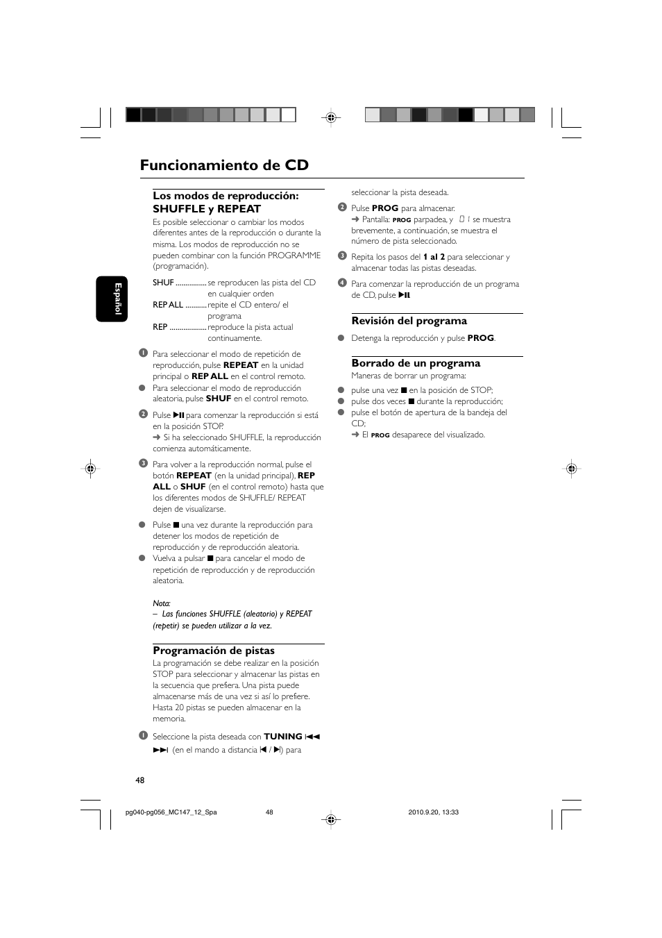 Funcionamiento de cd, Los modos de reproducción: shuffle y repeat, Programación de pistas | Revisión del programa, Borrado de un programa | Philips Microcadena clásica User Manual | Page 14 / 23