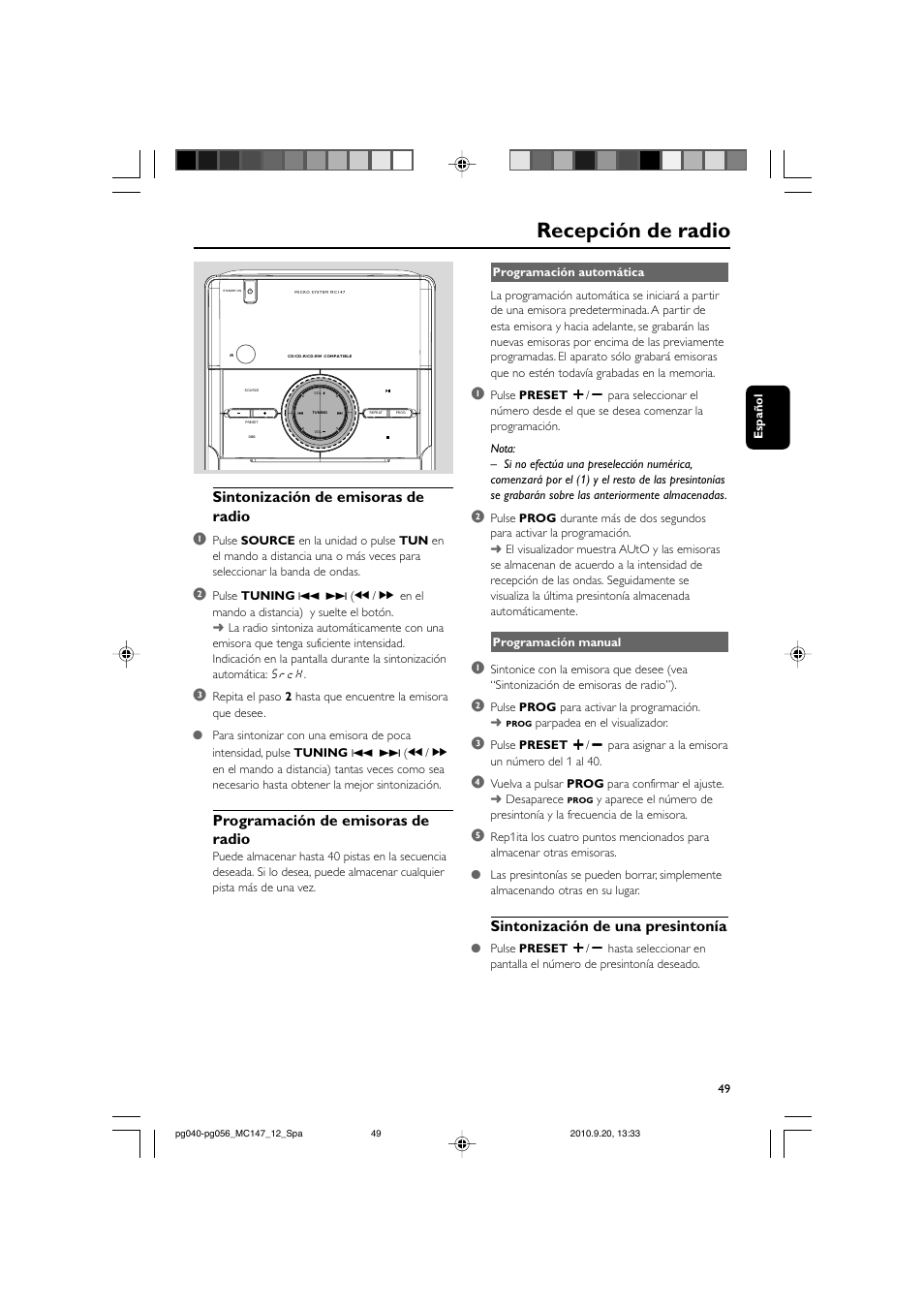 Recepción de radio, Sintonización de emisoras de radio 1, Programación de emisoras de radio | Sintonización de una presintonía | Philips Microcadena clásica User Manual | Page 15 / 23