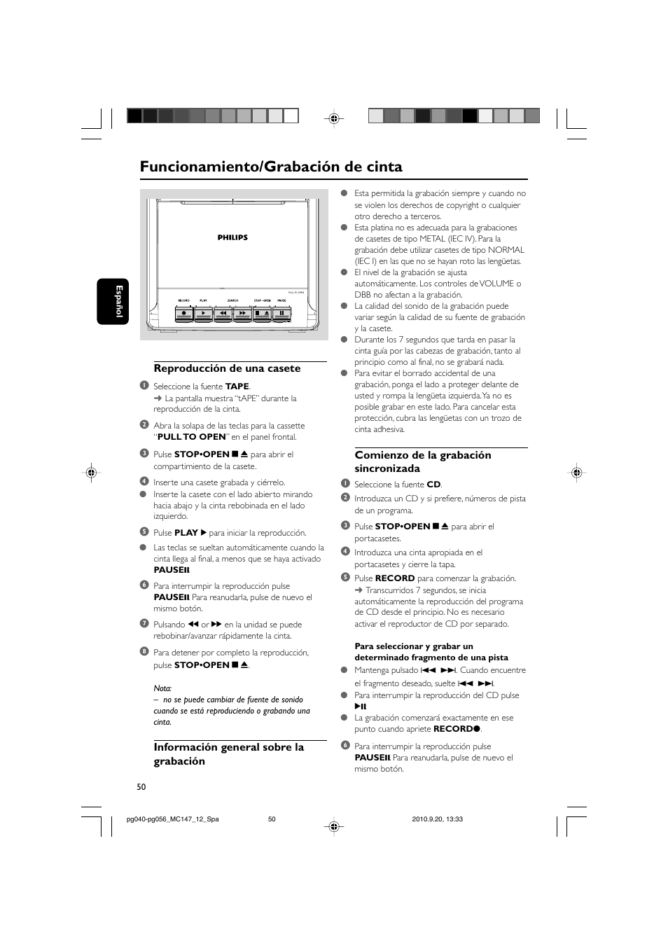 Funcionamiento/grabación de cinta | Philips Microcadena clásica User Manual | Page 16 / 23