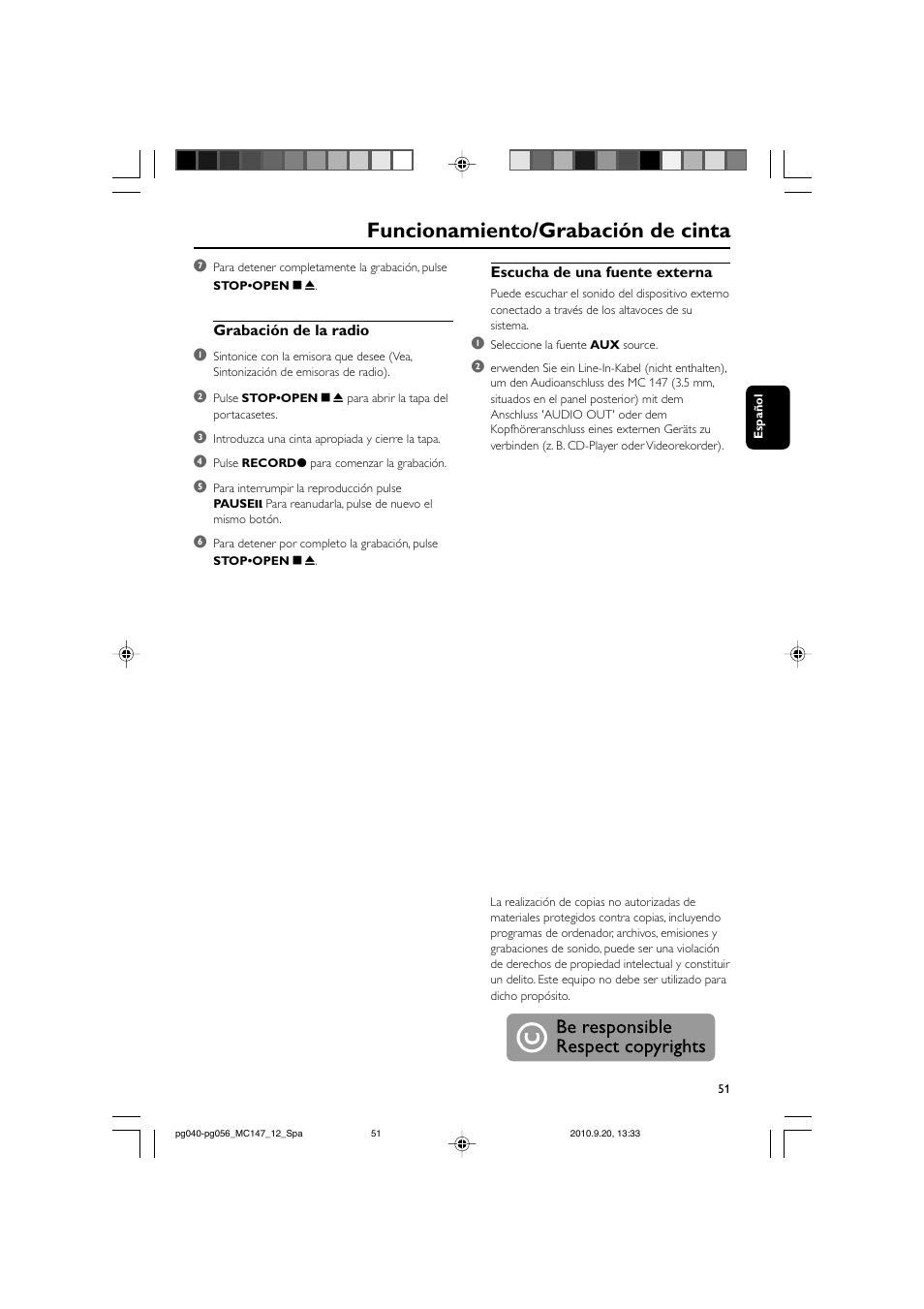 Funcionamiento/grabación de cinta | Philips Microcadena clásica User Manual | Page 17 / 23