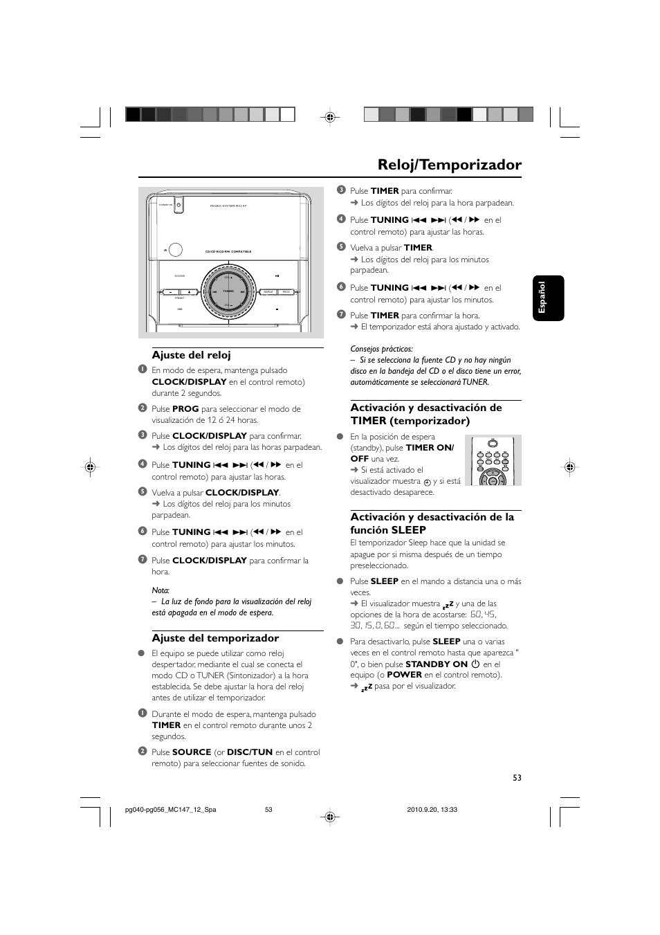 Reloj/temporizador, Activación y desactivación de timer (temporizador), Activación y desactivación de la función sleep | Ajuste del reloj 1, Ajuste del temporizador | Philips Microcadena clásica User Manual | Page 19 / 23