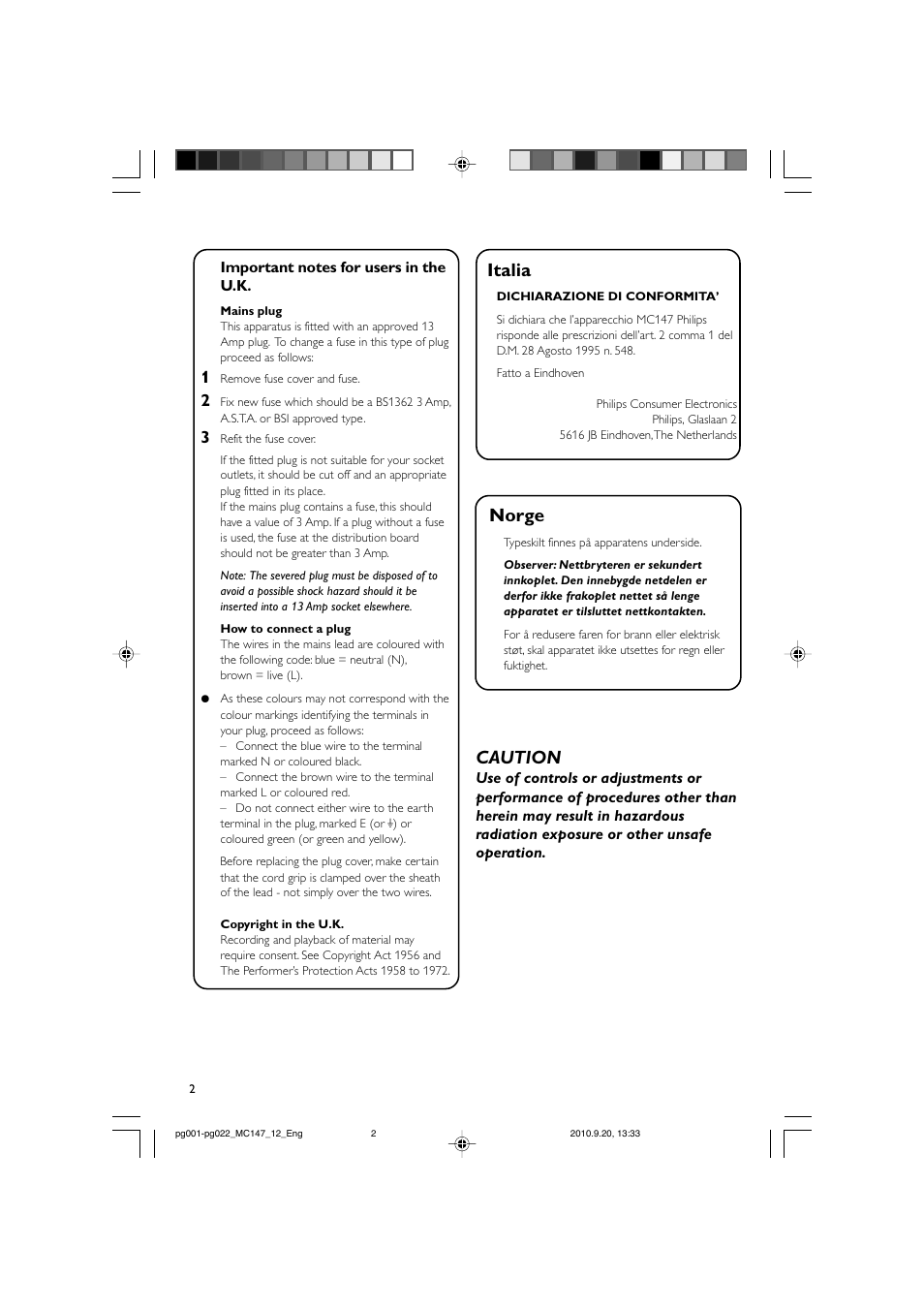 Norge, Italia, Caution | Philips Microcadena clásica User Manual | Page 2 / 23