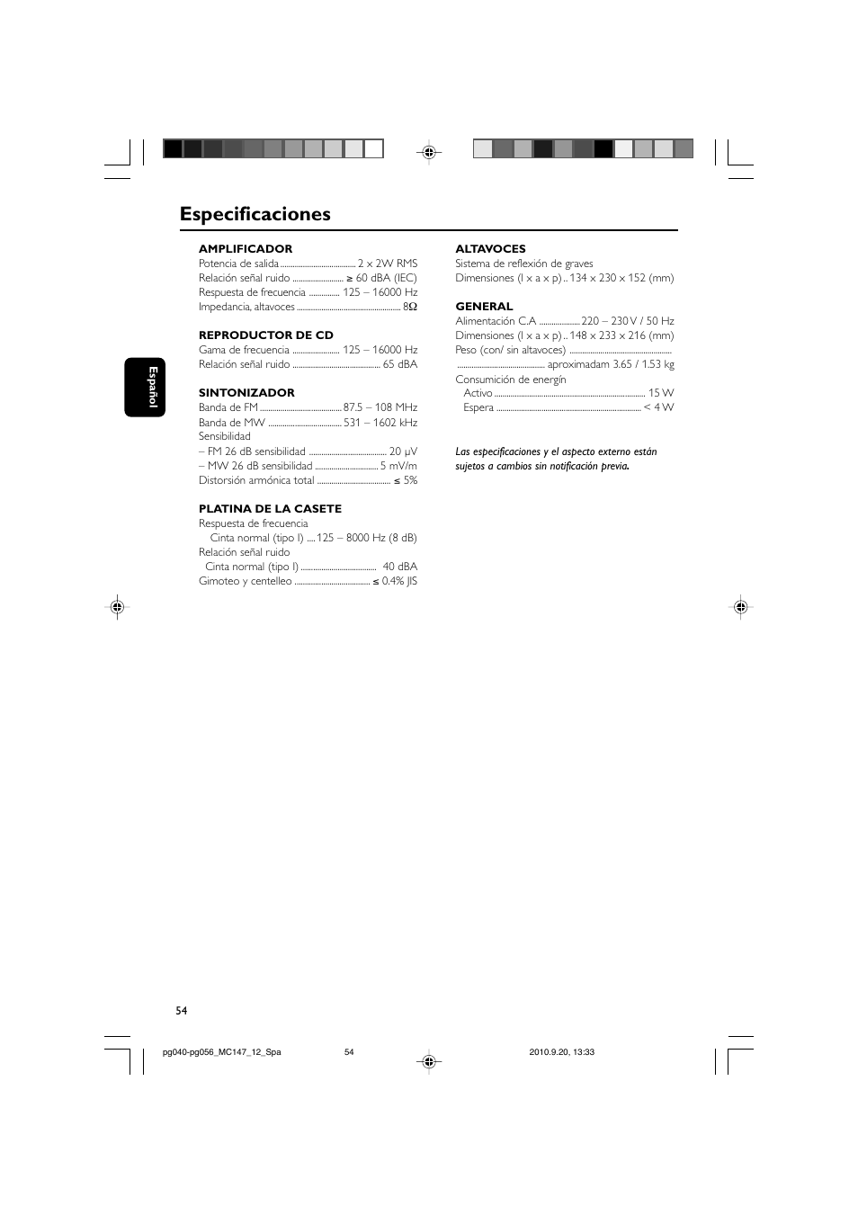 Especificaciones | Philips Microcadena clásica User Manual | Page 20 / 23